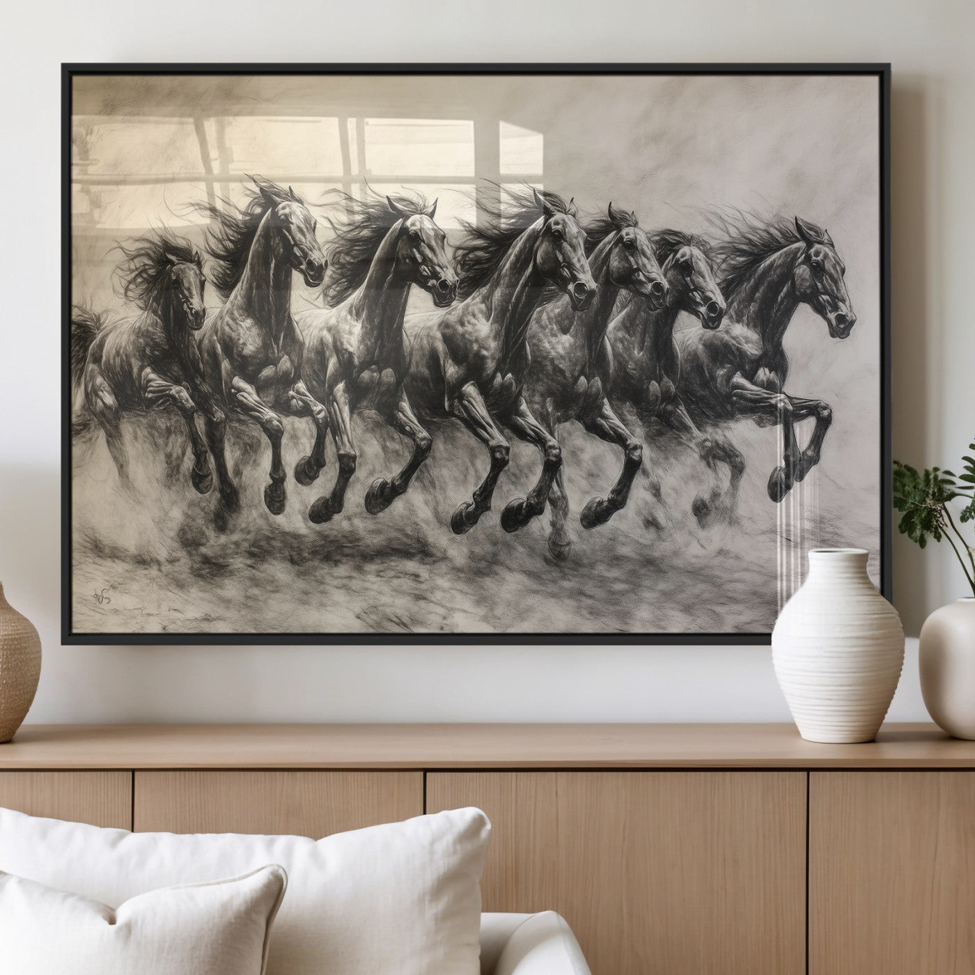 Monochrome drawing of a herd of galloping horses, perfect for dynamic and wild-themed decor in any equestrian or nature-inspired room.