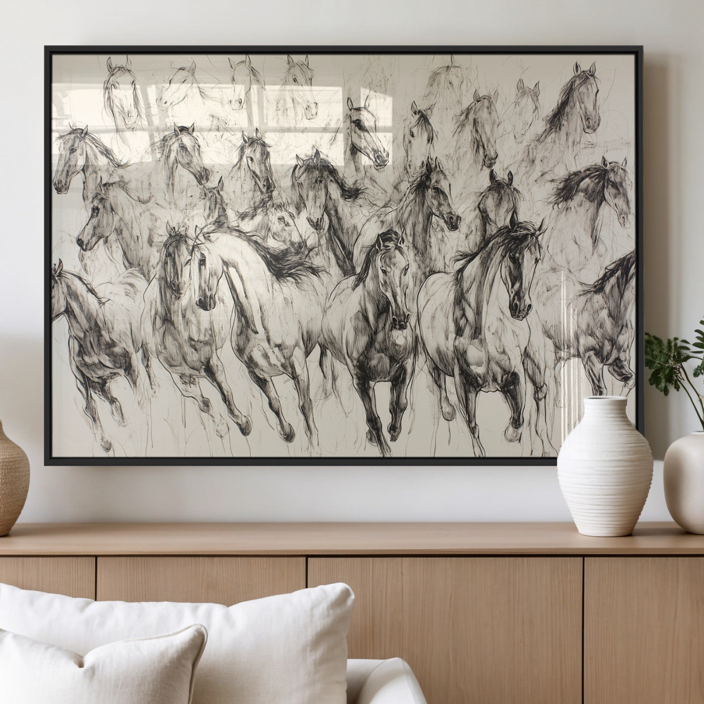 Monochrome ink sketch of galloping horses in dynamic motion, perfect for western or equine-themed wall decor with bold artistic energy.