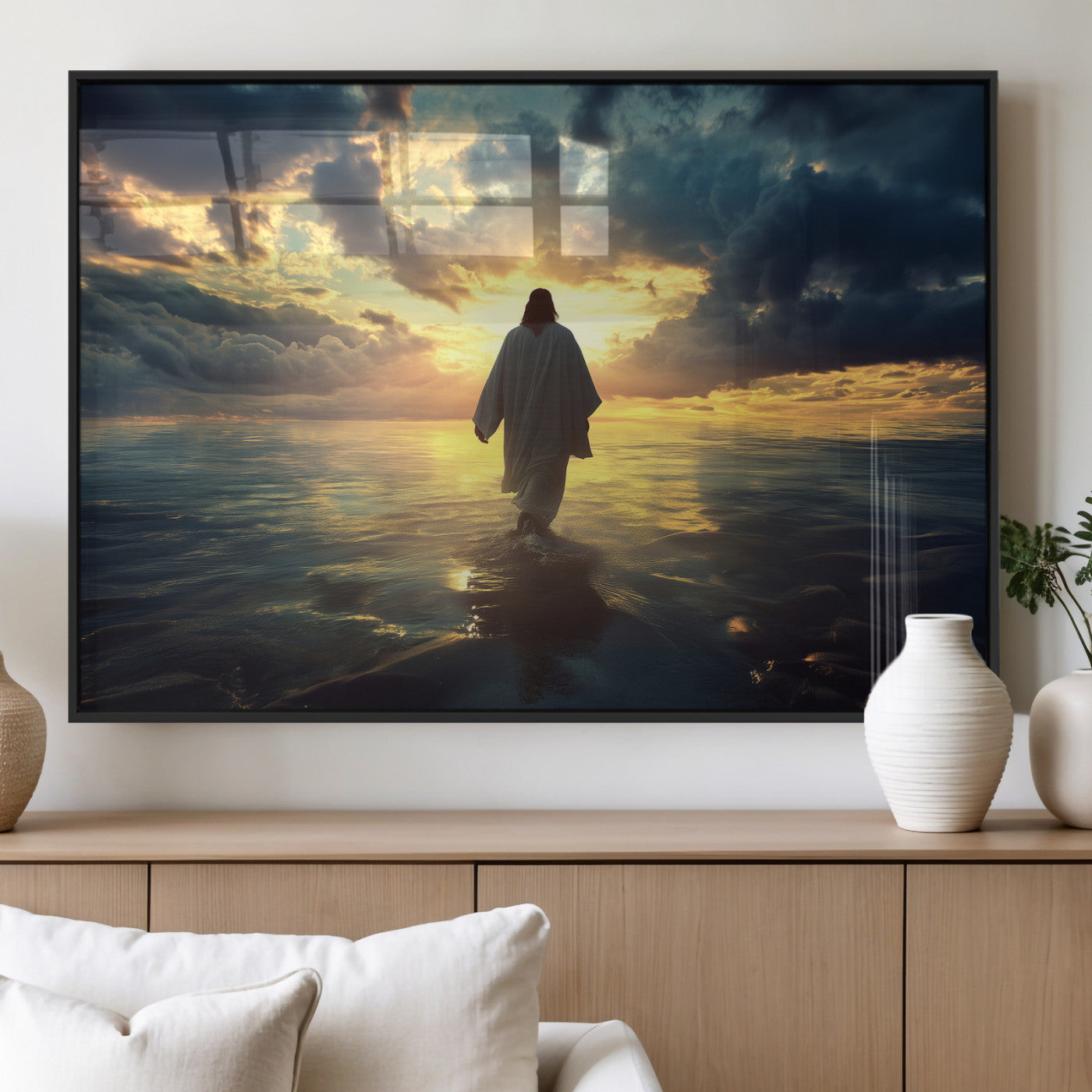 Spiritual artwork of Jesus walking on water at golden hour with divine light, ideal for Christian home decor or prayer room.