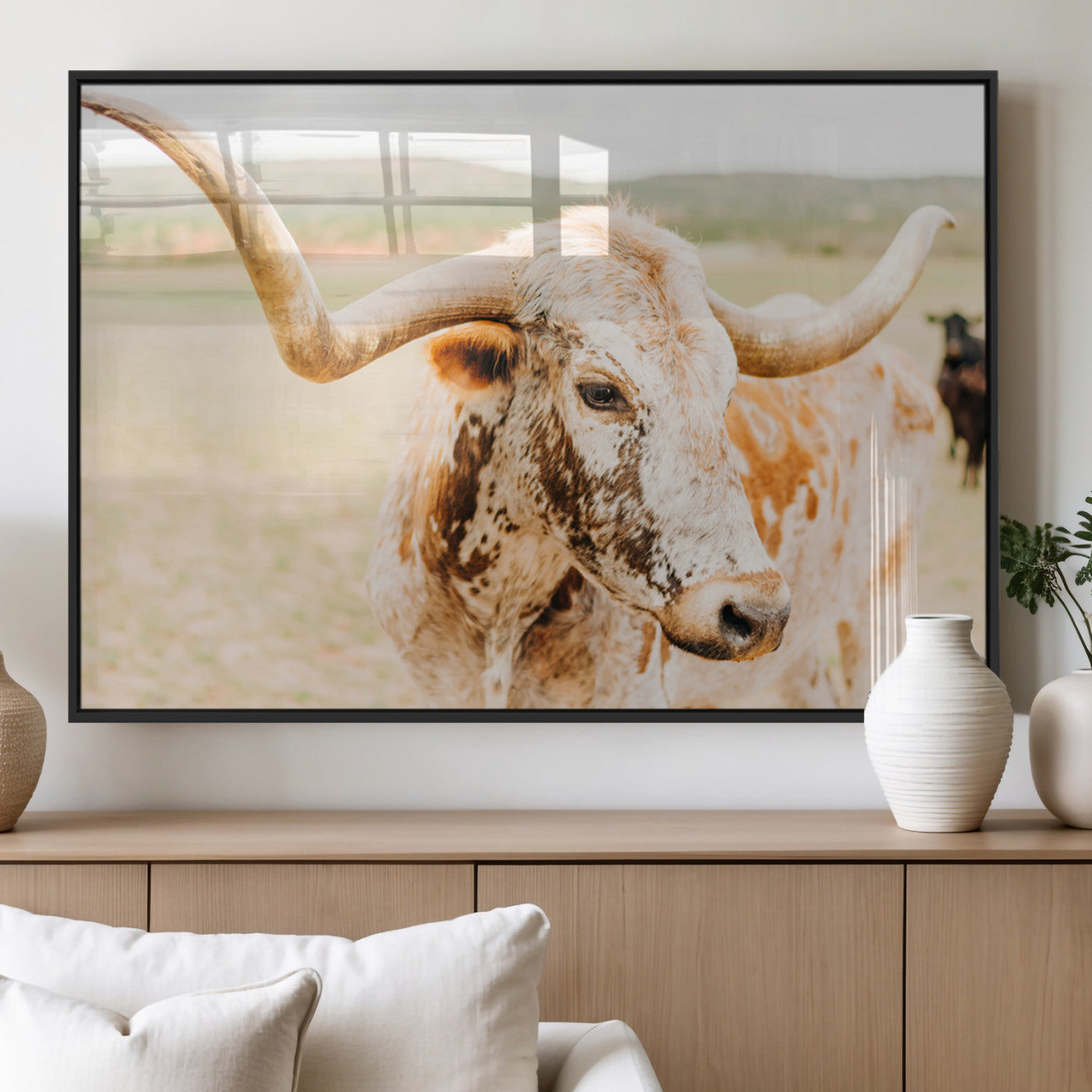 Close-up of a speckled Texas Longhorn in warm prairie tones, perfect for rustic western or countryside-themed room decor.