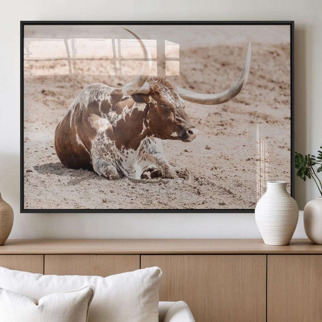Texas Longhorn Wall Art Canvas Print, Framed Resting Bull and Spotted Cattle