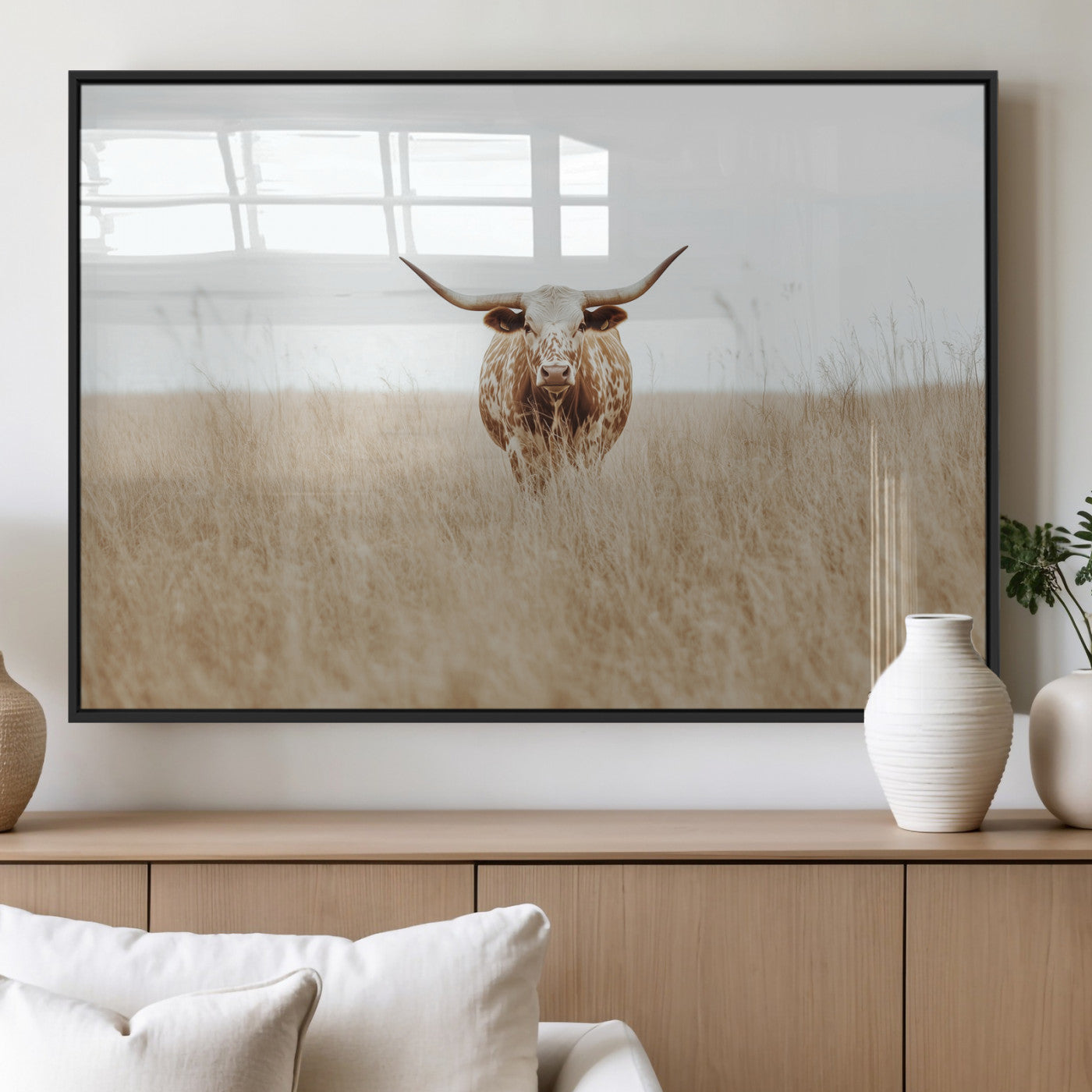 Texas Longhorn bull standing alone in dry grass with neutral tones, ideal for rustic western or cowboy-themed wall decor.