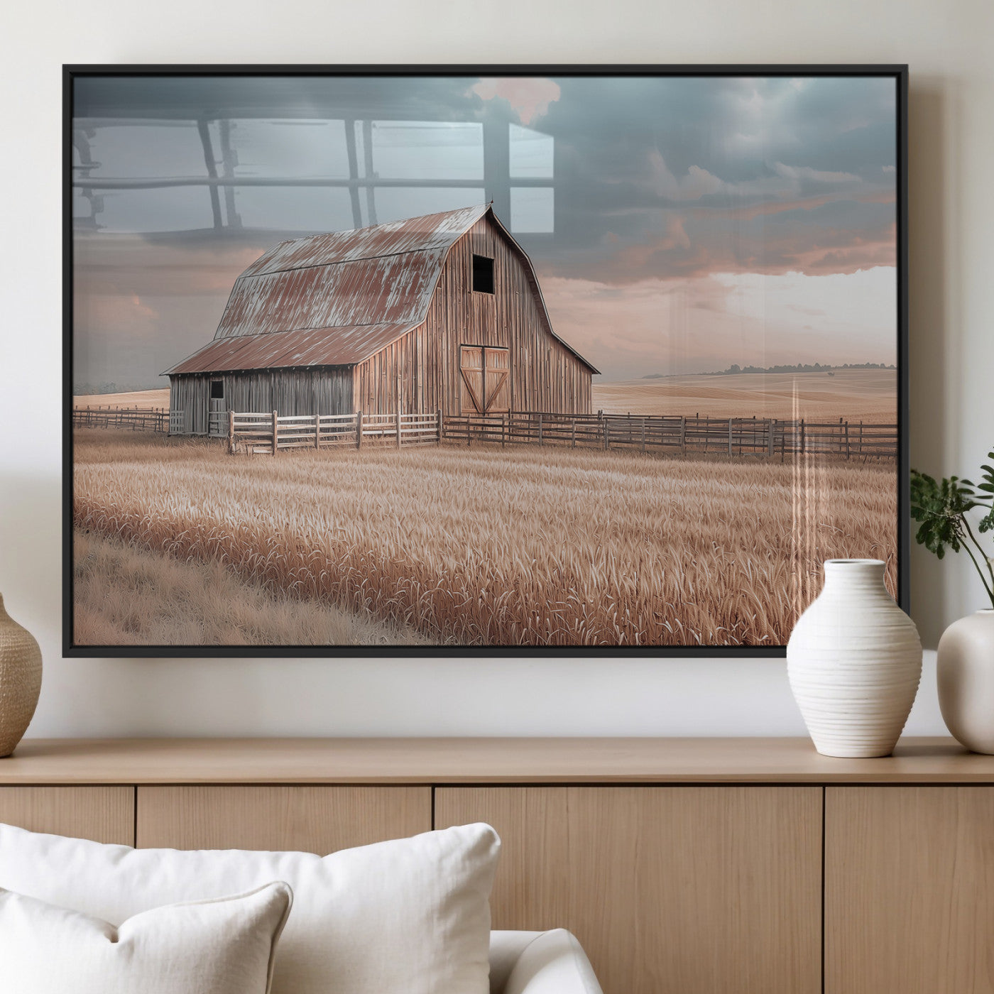 Framed canvas of a rustic barn in a golden wheat field under soft skies, ideal for vintage farmhouse or country-style wall decor.