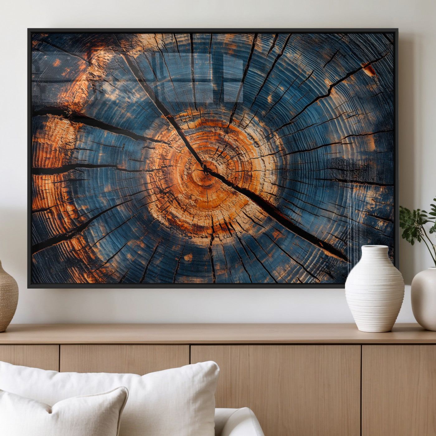 MGV-FP-36X24-3P - Burnt Wood Wall Art Canvas Print, Framed Aged Timber Art Picture Print, Rustic Tree Slice Perfect Rustic Decor Artwork