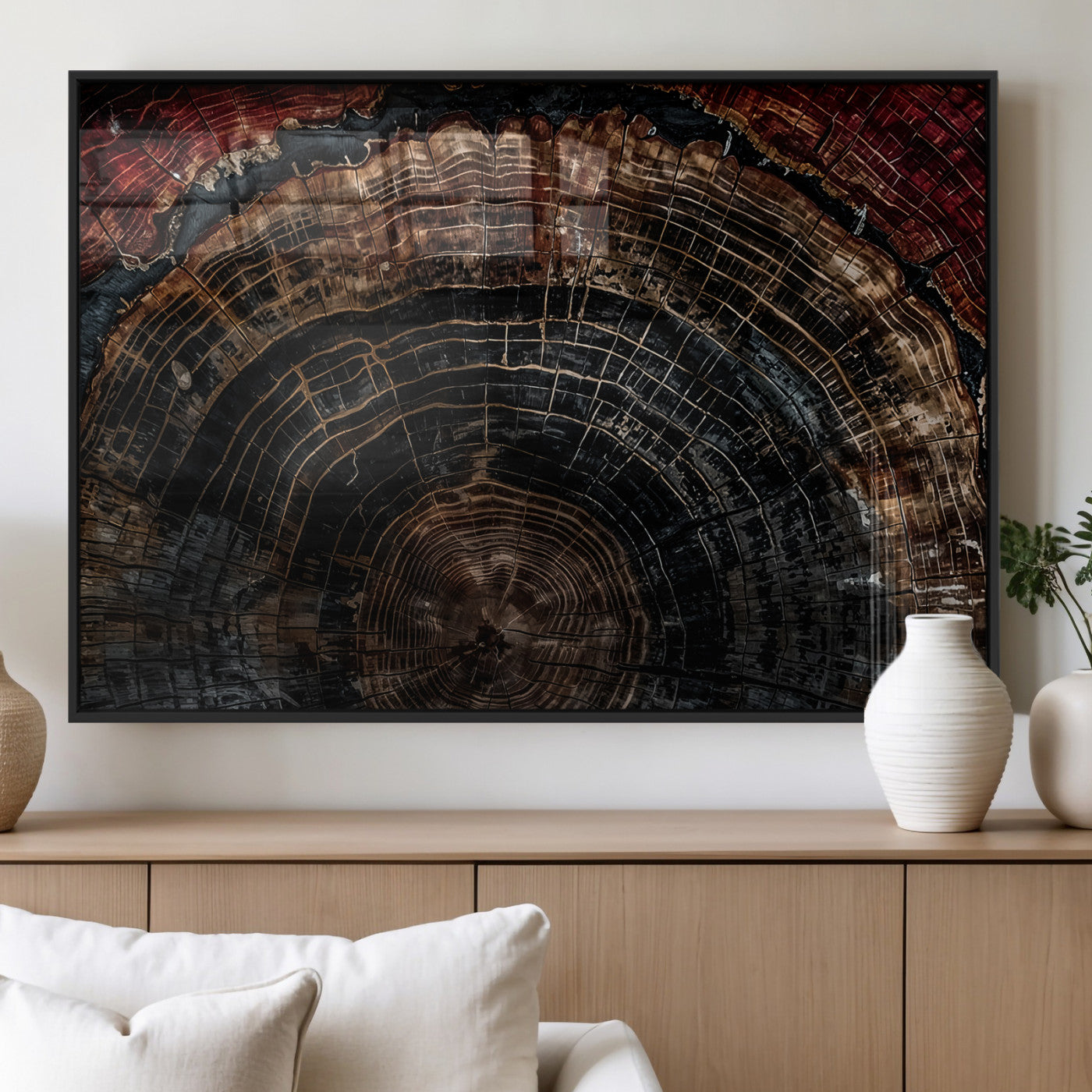 MGV-FP-36X24-3P - Dark Wood Ring Wall Art Canvas Print, Framed Abstract Wood Tree Art Picture Print, Rustic Tree Slice Perfect Rustic Decor Artwork