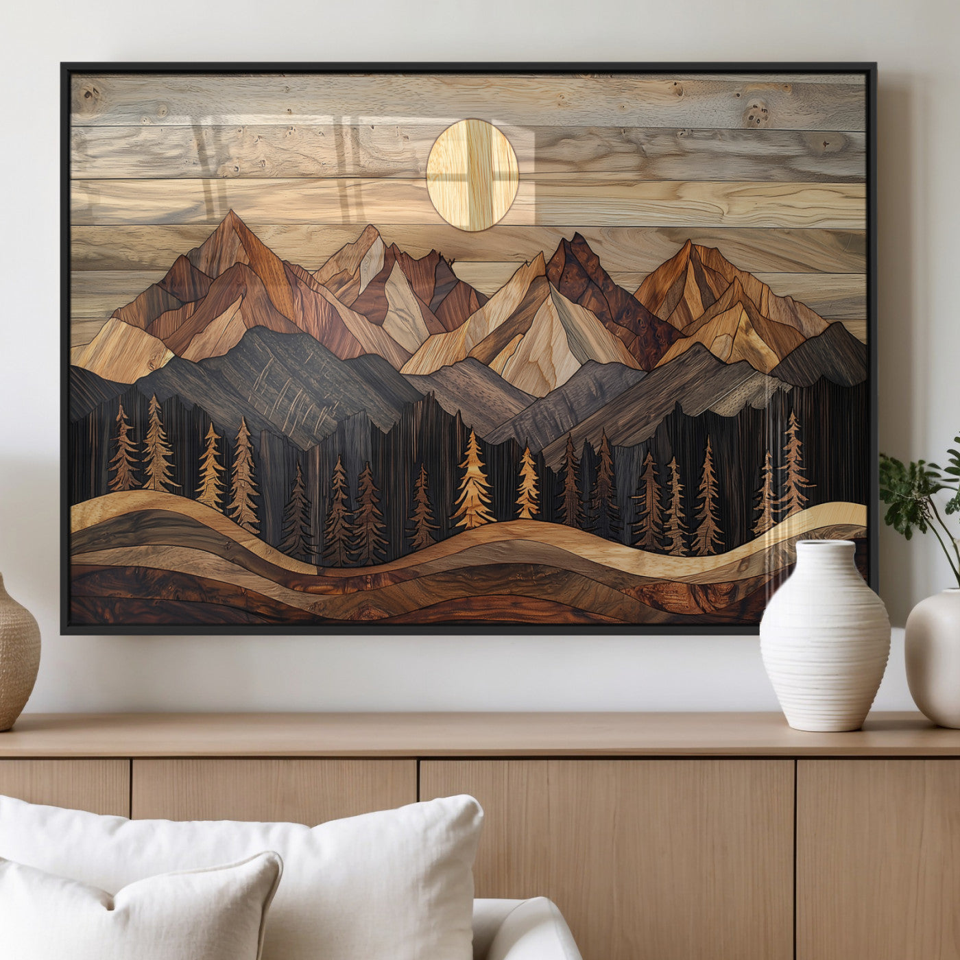 MGV-FP-36X24-3P - Wood Mountain Wall Art Canvas Print, Framed Boho Wood Art Picture Print, Abstract Woodland Perfect Farmhouse Decor Artwork