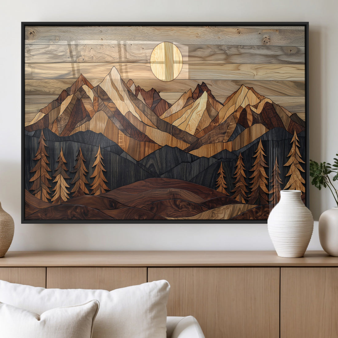 Wood Mountain Landscape Wall Art Canvas Print, Framed Sunset Hills Print, Abstract Nature Boho Decor