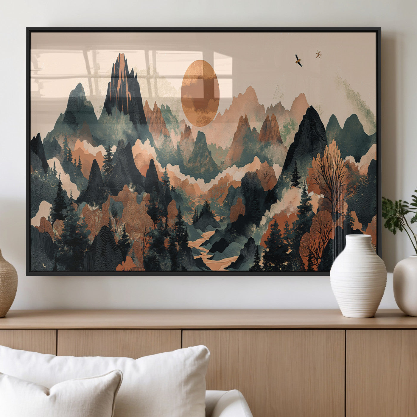 MGV-FP-60X30-3P - Wood Mountain Landscape Wall Art Canvas Print, Framed Sunset Hills Art Picture Print, Abstract Nature Perfect Boho Decor Artwork