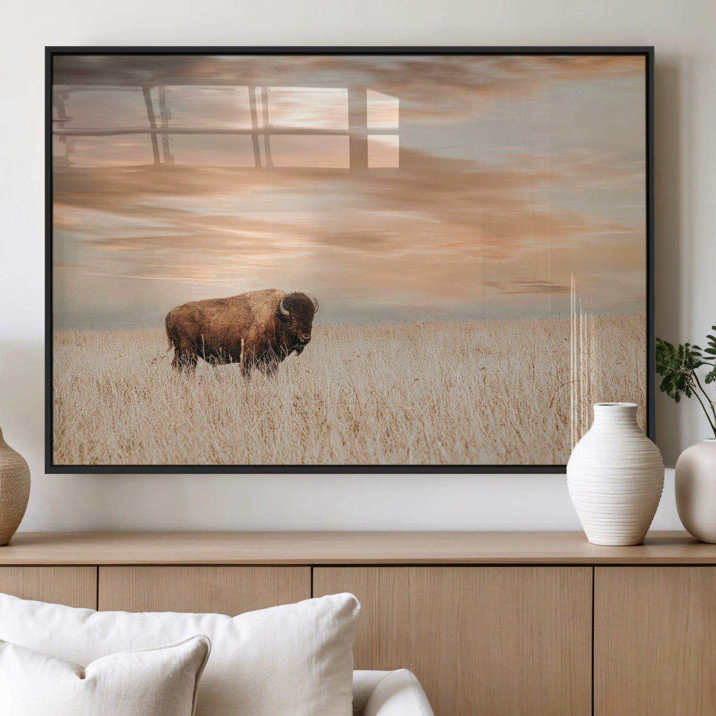 MGV-FP-60X30-3P - Bison Wall Art Canvas Print, Framed Buffalo Art Picture Print, Western Prairie Perfect Rustic Decor Artwork