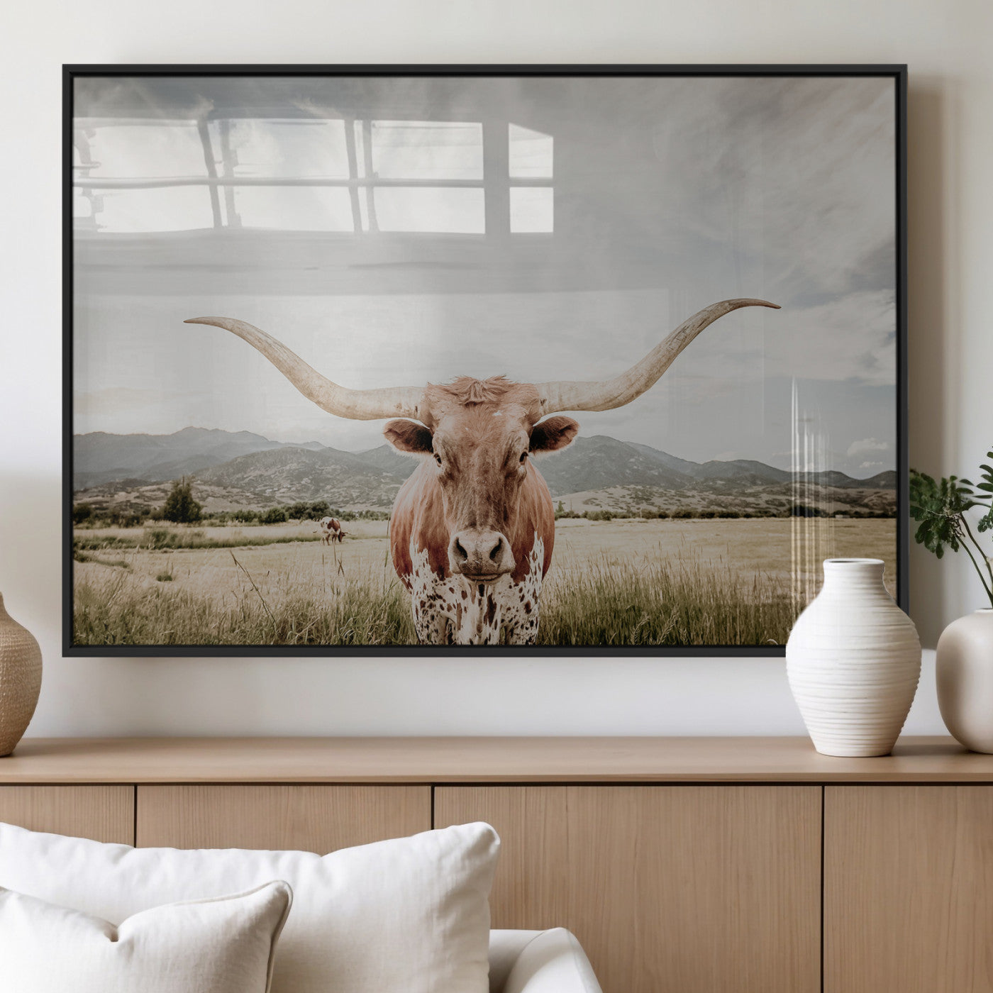 MGV-FP-60X30-3P - Texas Longhorn Wall Art Canvas Print, Framed Western Cow Art Picture Print, Rustic Farmhouse Perfect Farmhouse Decor Artwork