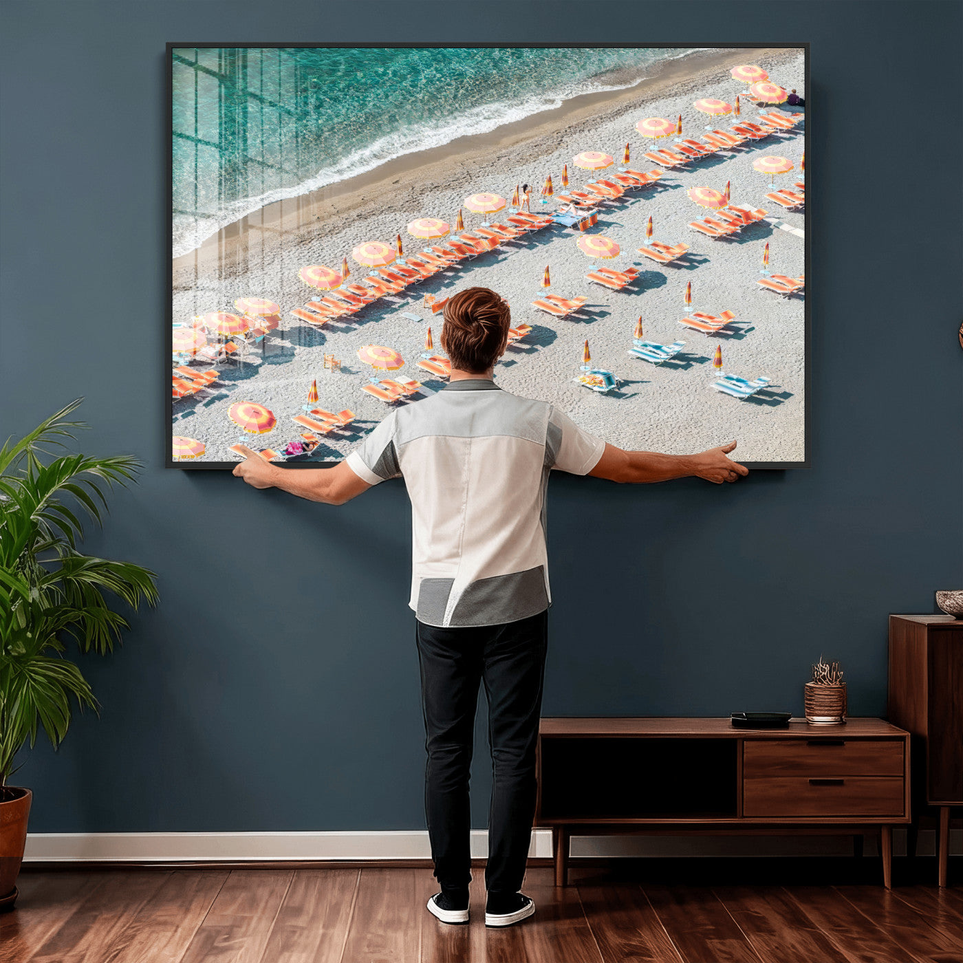 27805351-MGV-CV-36X24 - Beach Umbrellas Wall Art – Orange Loungers & Turquoise Water Canvas Print, Sandy Shore and Summer Vibes