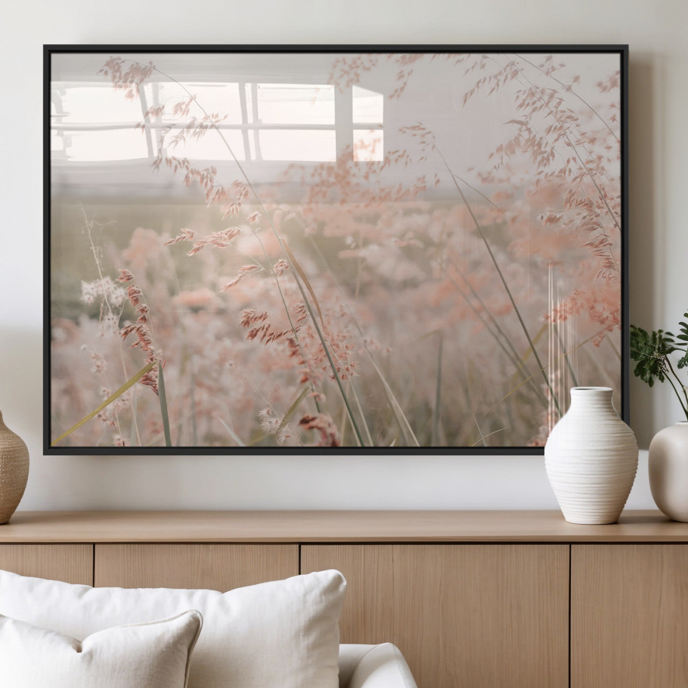 MGV-FP-60X30-3P - Pastel Grasses Wall Art Canvas Print, Framed Soft Meadow Art Picture Print, Field in Breeze Perfect Soft Pastel Minimal Decor Artwork