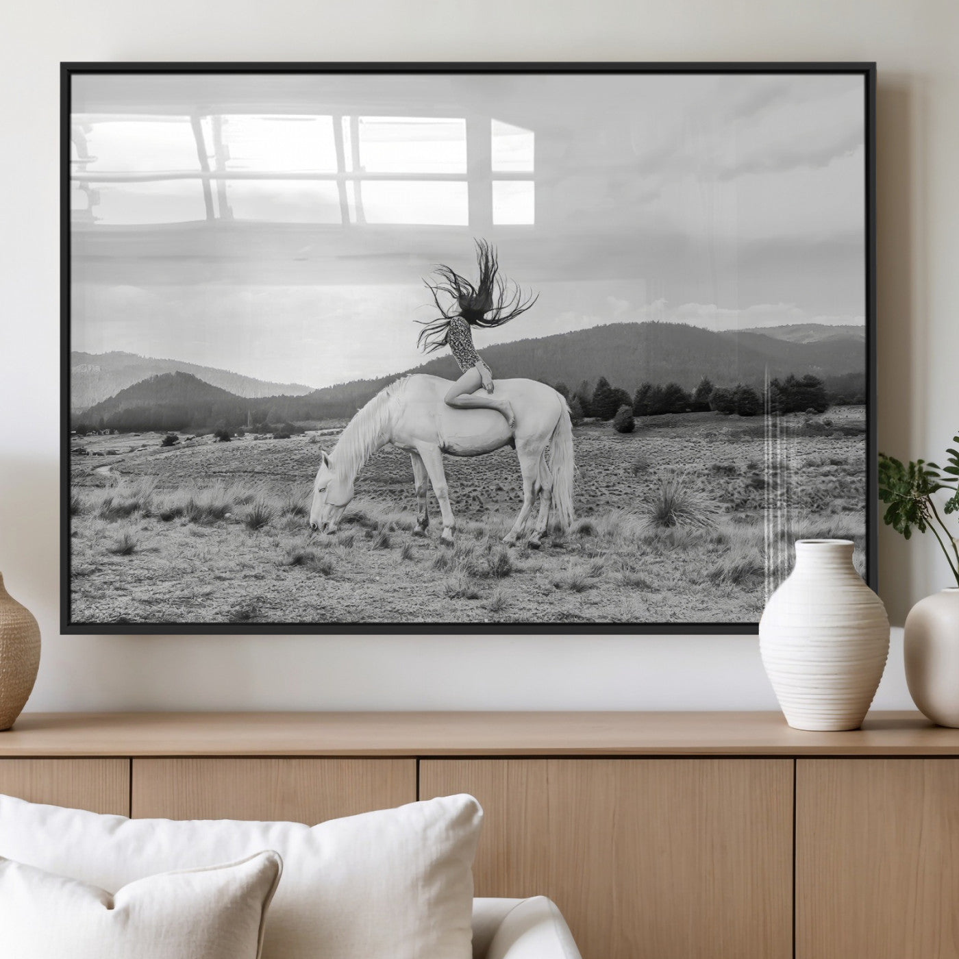 MGV-FP-60X30-3P - White Horse Wall Art Canvas Print, Framed Woman Rider Art Picture Print, Equestrian Pose Perfect Western Boho Decor Artwork