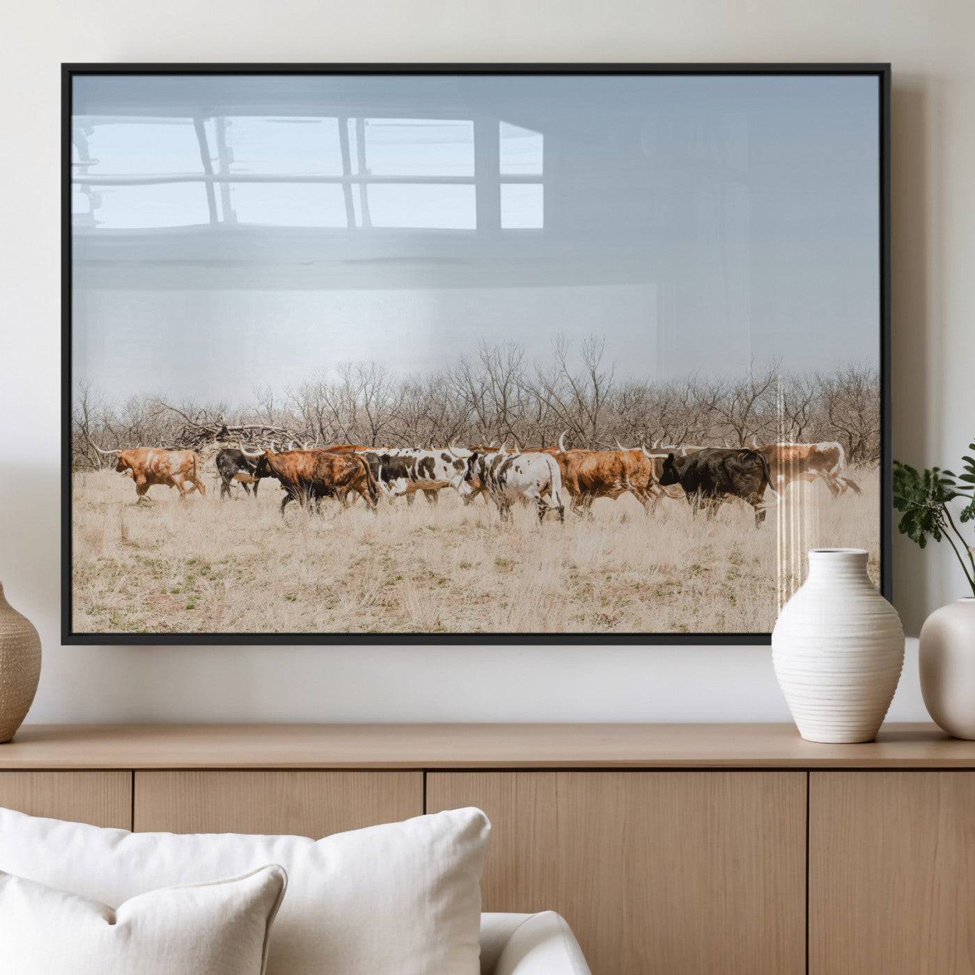 MGV-FP-60X30-3P - Texas Longhorns Wall Art Canvas Print, Framed Western Cattles Art Picture Print, Rustic Herd Perfect Rustic Farmhouse Decor Artwork