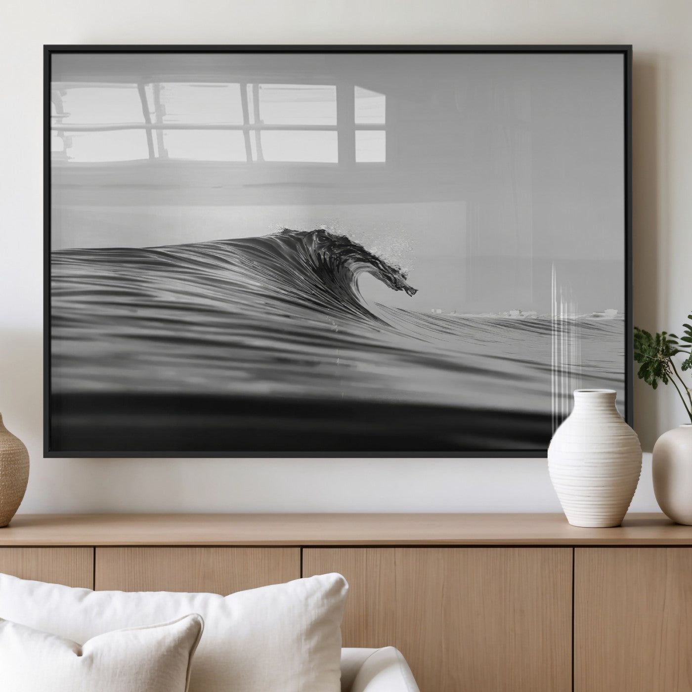 MGV-FP-60X30-3P - Black Wave Wall Art Canvas Print, Framed Abstract Surf Art Picture Print, Minimalist Ocean Perfect Minimalist Coastal Decor Artwork