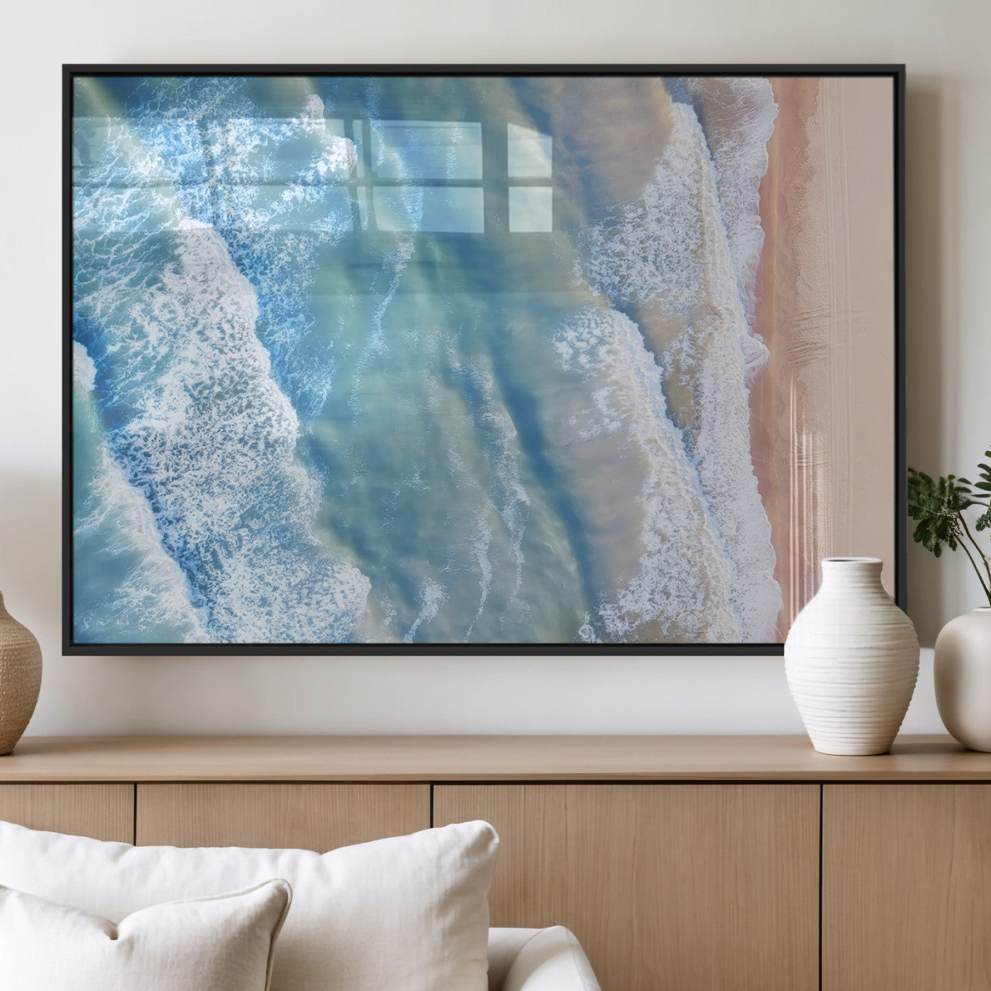MGV-FP-60X30-3P - Aerial Ocean View Wall Art Canvas Print, Framed Soft Blue Waves Art Picture Print, Sandy Shoreline Perfect Modern Coastal Decor Artwork