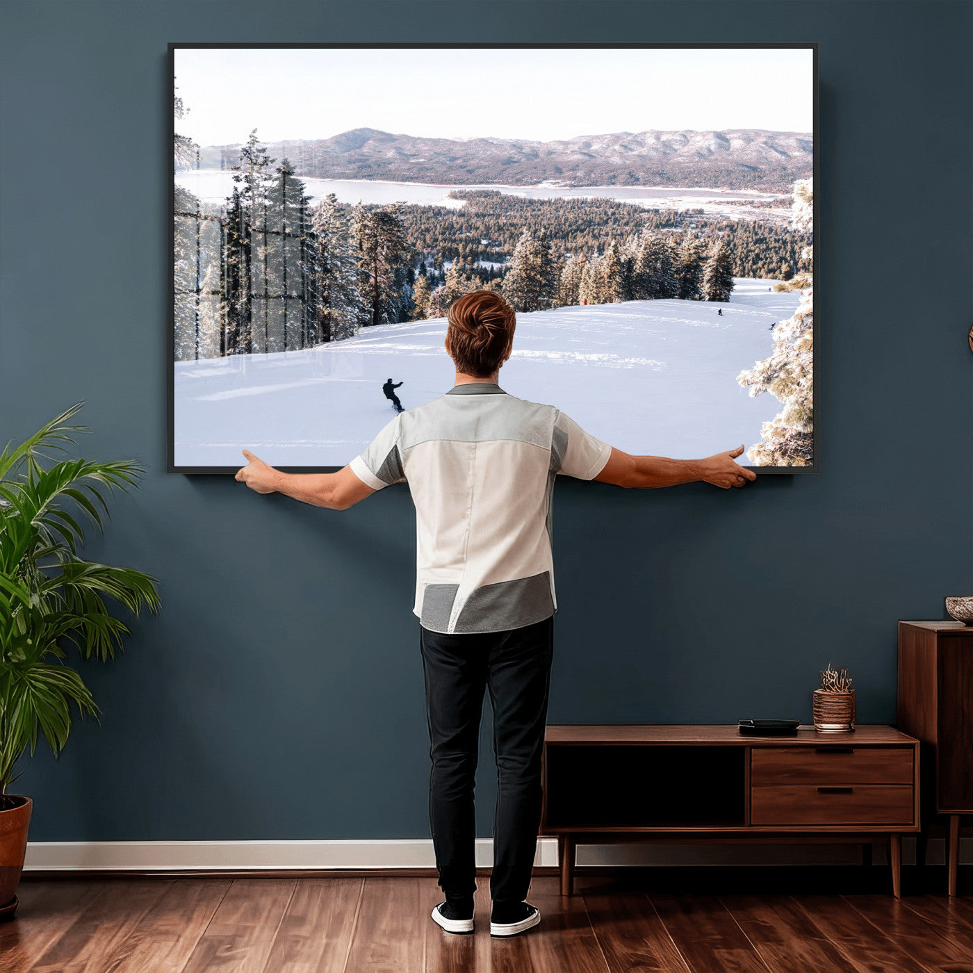 79857868-MGV-CV-36X24 - Snowboarder Wall Art – Winter Slope Canvas Print, Pine Forest, Snow-Covered Mountains, Outdoor Adventure for Living Room or Cabin Decor