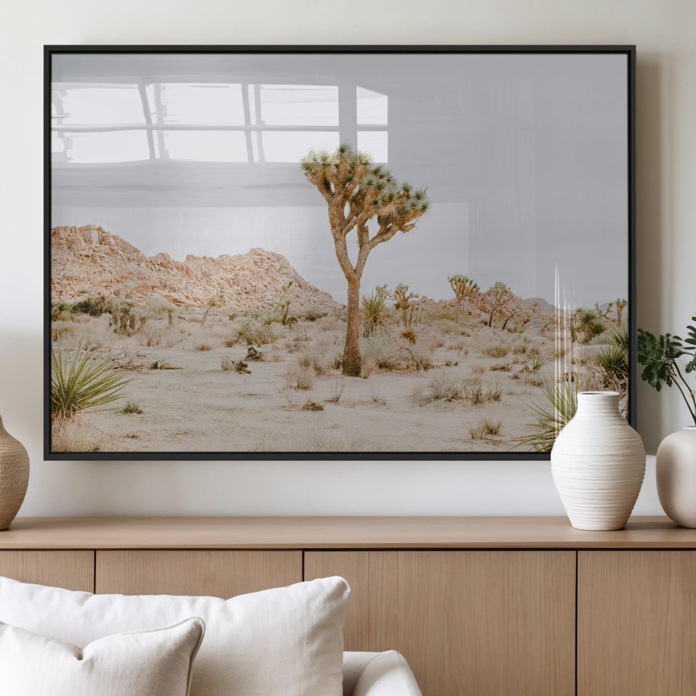 MGV-FP-36X24-3P - Joshua Tree Wall Art Canvas Print, Framed Neutral Desert Art Picture Print, Earthy Landscape Perfect Neutral Boho Decor Artwork