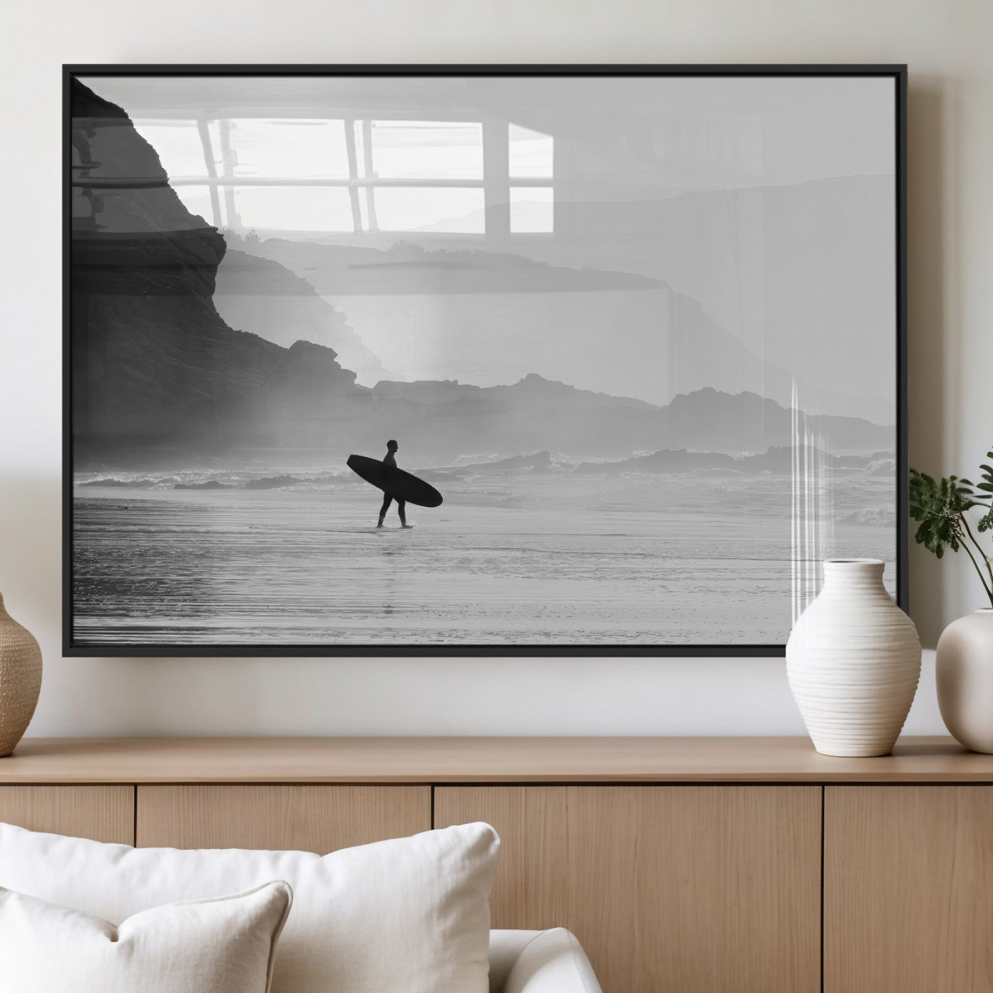 MGV-FP-36X24-3P - Surfer In Fog Wall Art Canvas Print, Framed Moody Shoreline Art Picture Print, Cliffside Waves Perfect Minimalist Coastal Decor Artwork