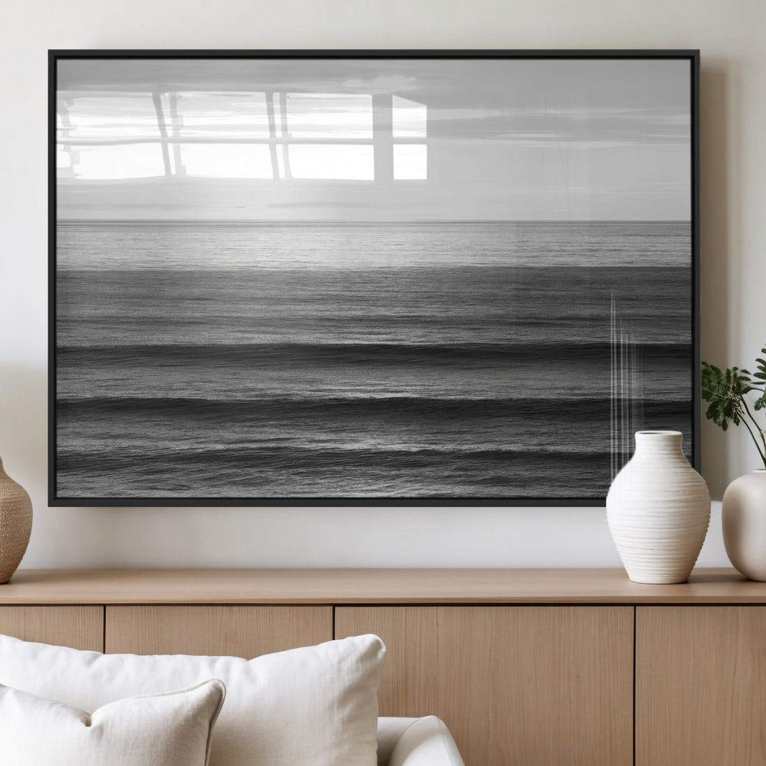 Monochrome Ocean Wall Art Canvas Print, Framed Moody Ocean Art, Calm Coastal Decor