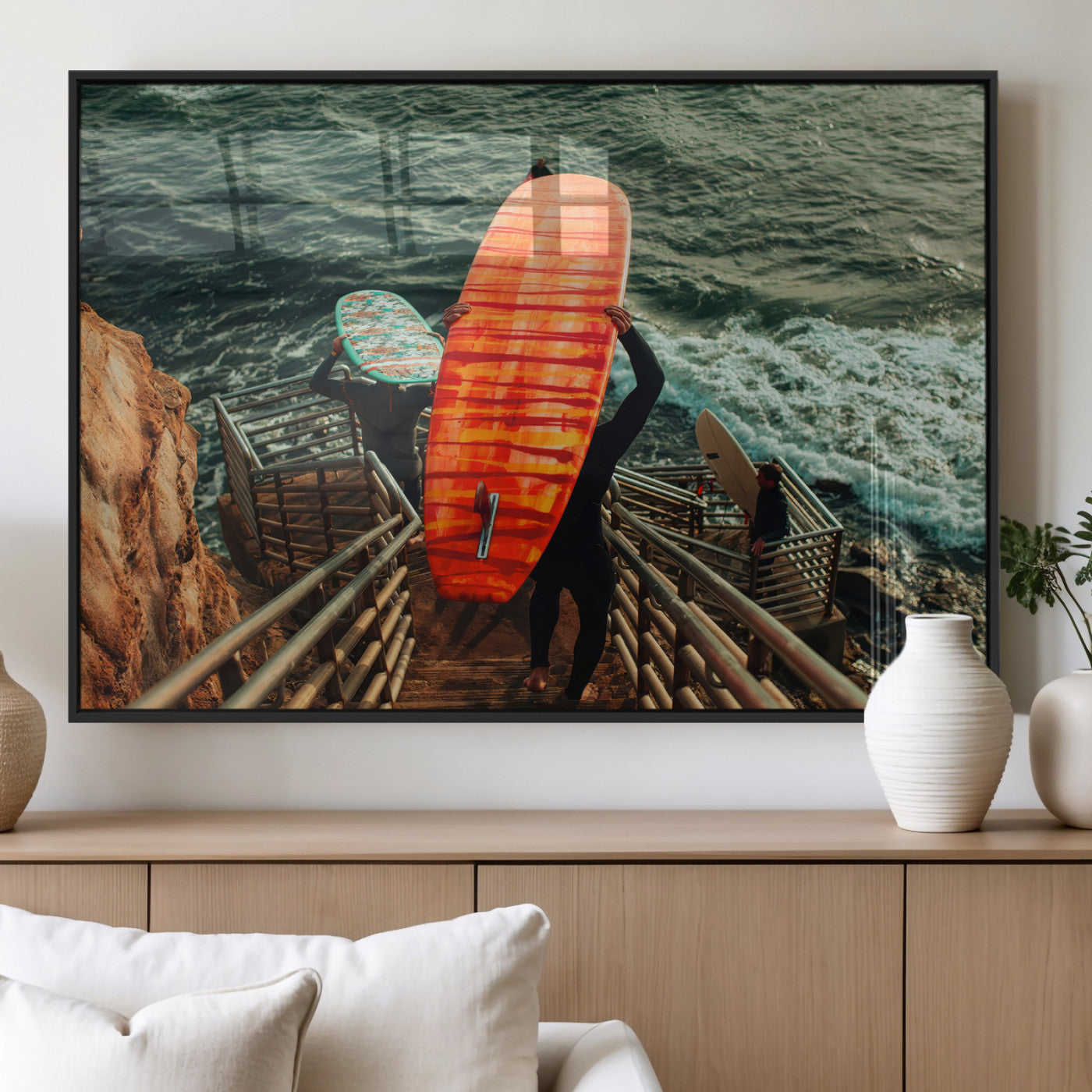 MGV-FP-36X24-3P - Surfer Stairway Wall Art Canvas Print, Framed Ocean Surf Art Picture Print, Sunset Coastal Perfect Coastal Adventure Decor Artwork