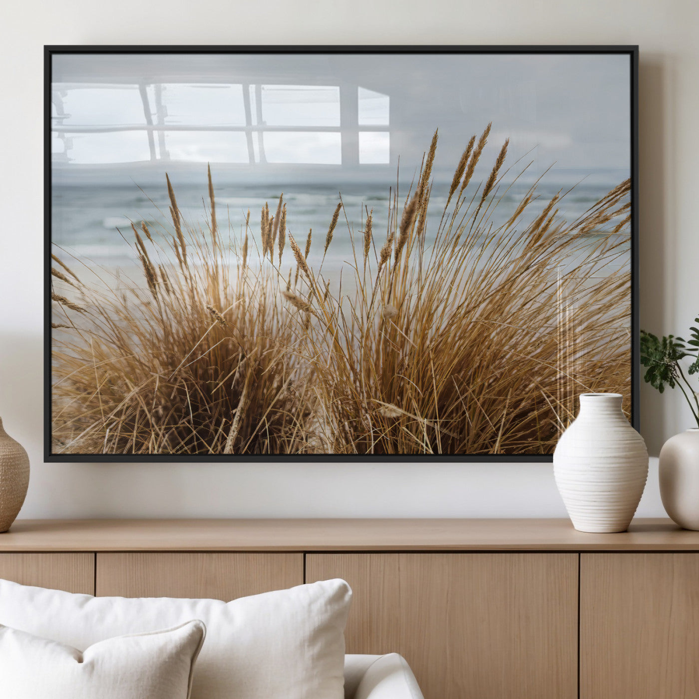Canvas of golden beach grass swaying by the ocean under a soft cloudy sky, perfect for neutral-toned or coastal minimalist decor.