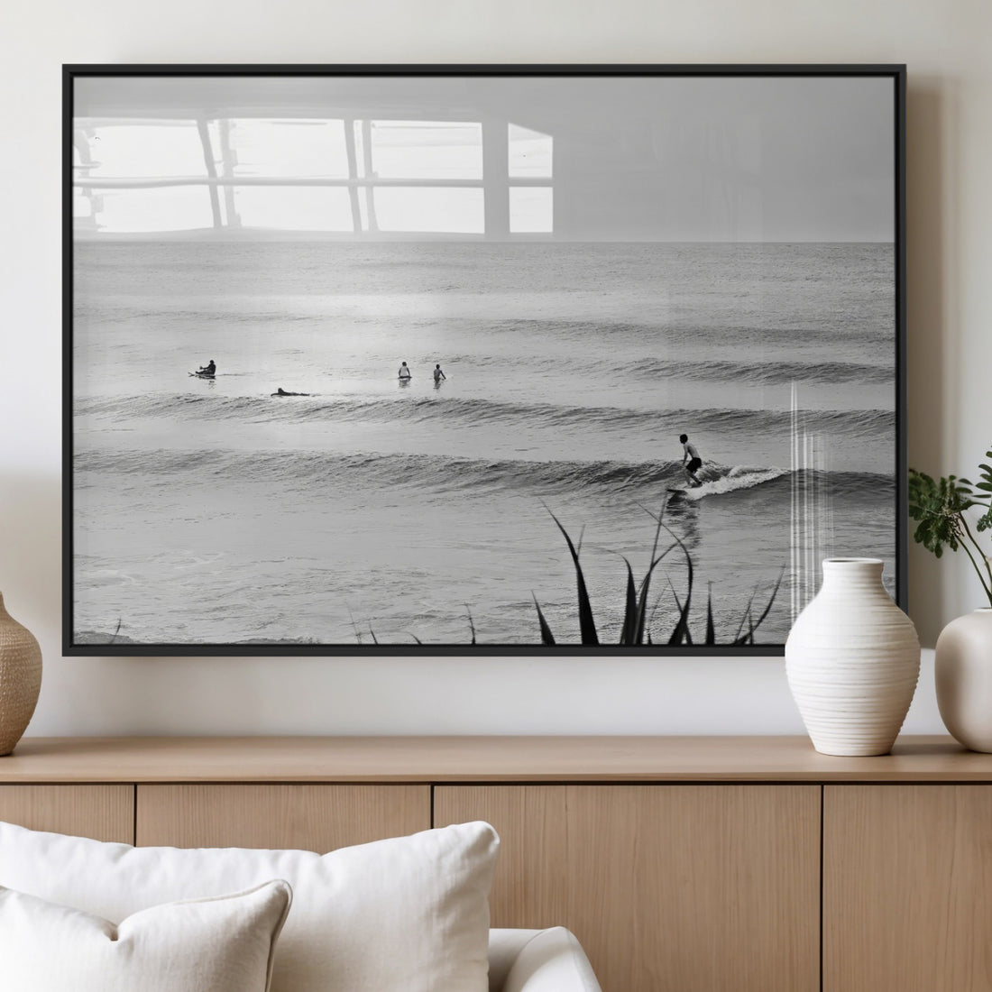 Surfer Silhouette Wall Art Canvas Print, Framed Calm Ocean Monochrome Surf
