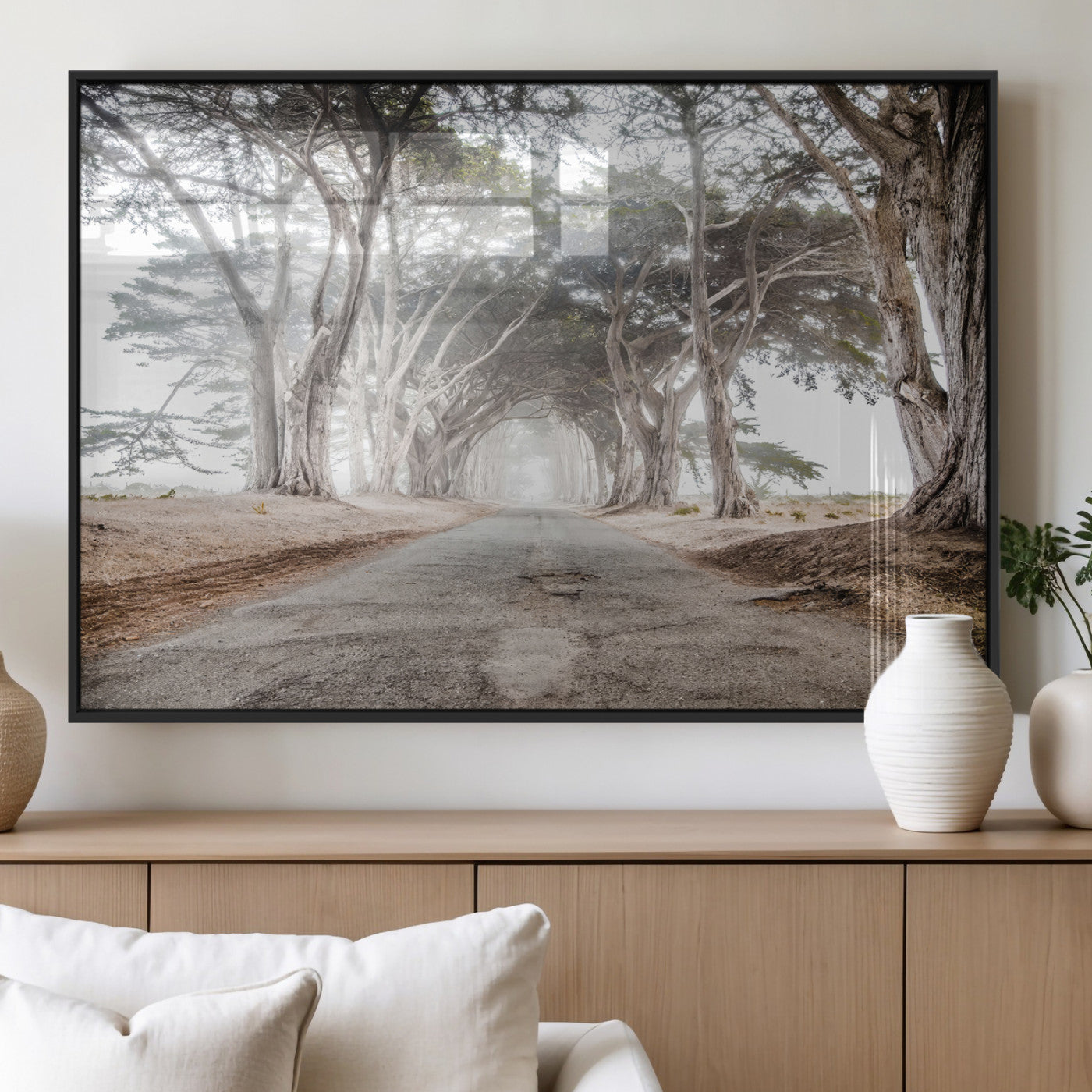 MGV-FP-36X24-3P - Cypress Tunnel Wall Art Canvas Print, Framed Misty Road Art Picture Print, Foggy Trees Perfect Rustic Woodland Decor Artwork