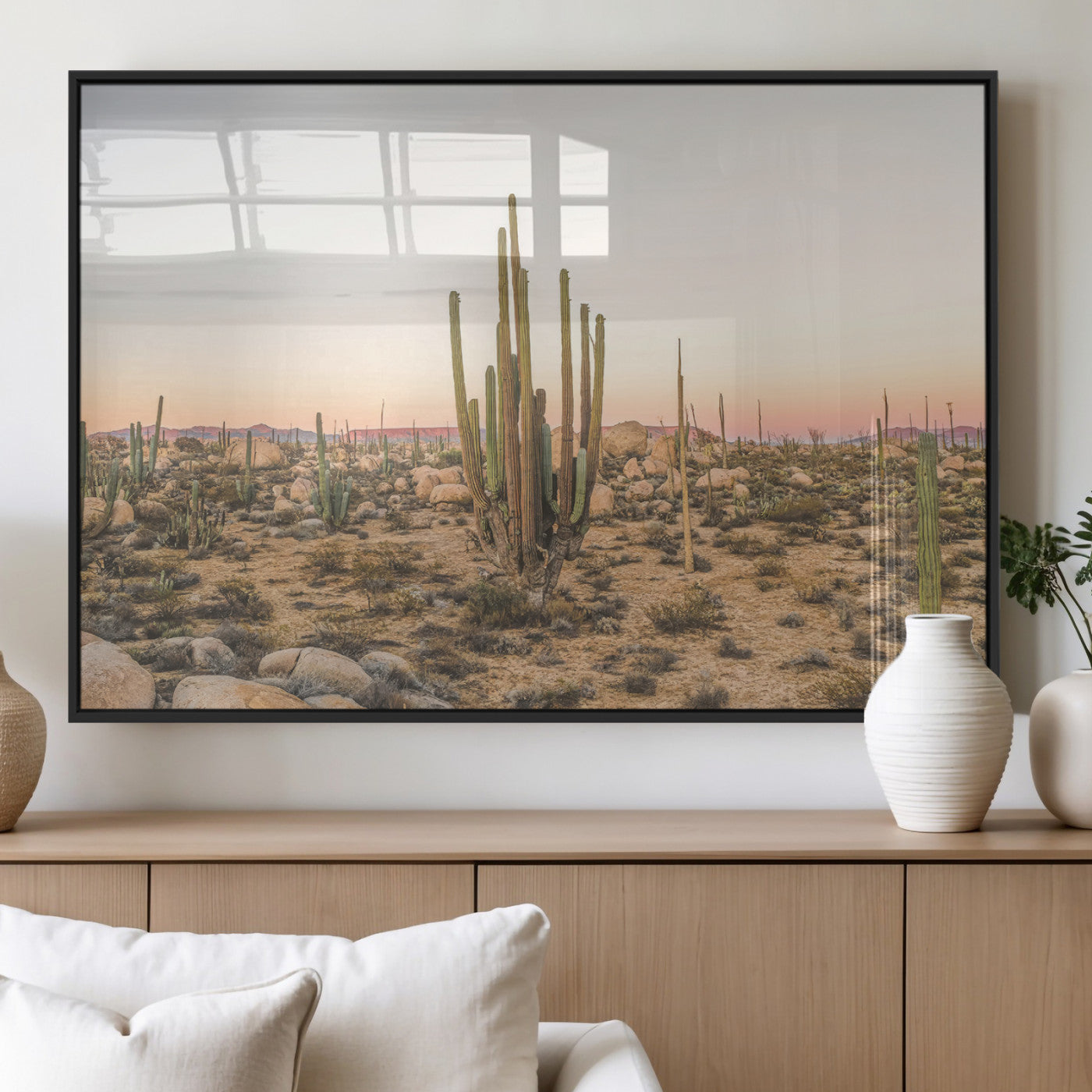 Canvas of tall desert cacti in warm sunset tones over a rocky Baja landscape, ideal for earthy or Southwestern-style home decor.