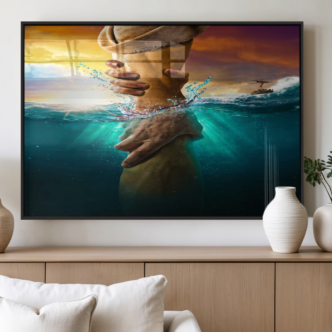 A dramatic scene of a hand reaching underwater and being lifted, symbolizing rescue and faith, ideal for spiritual or Christian wall decor.