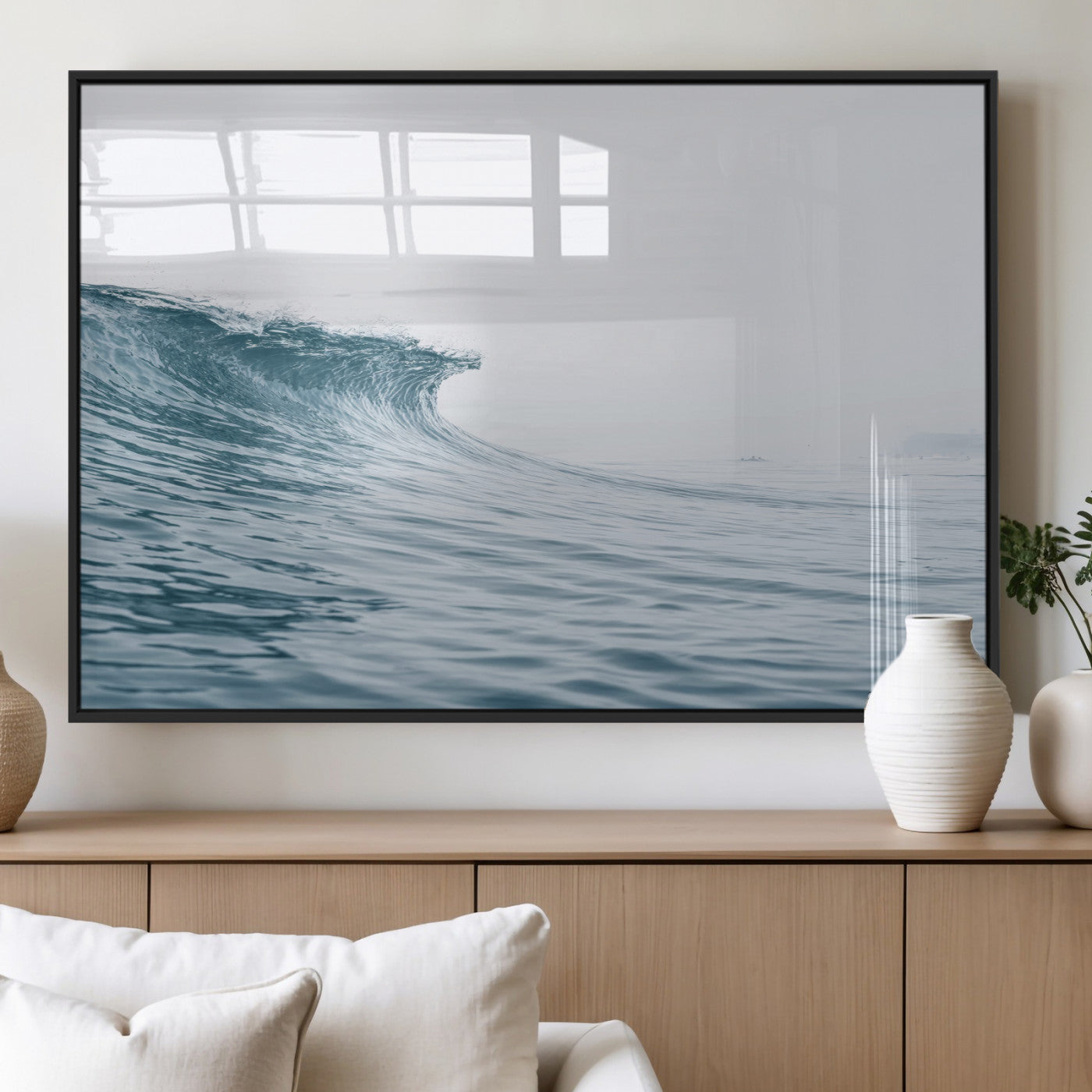 A single ocean wave curling in soft blue tones under a misty sky, ideal for coastal or minimalist home wall decor.