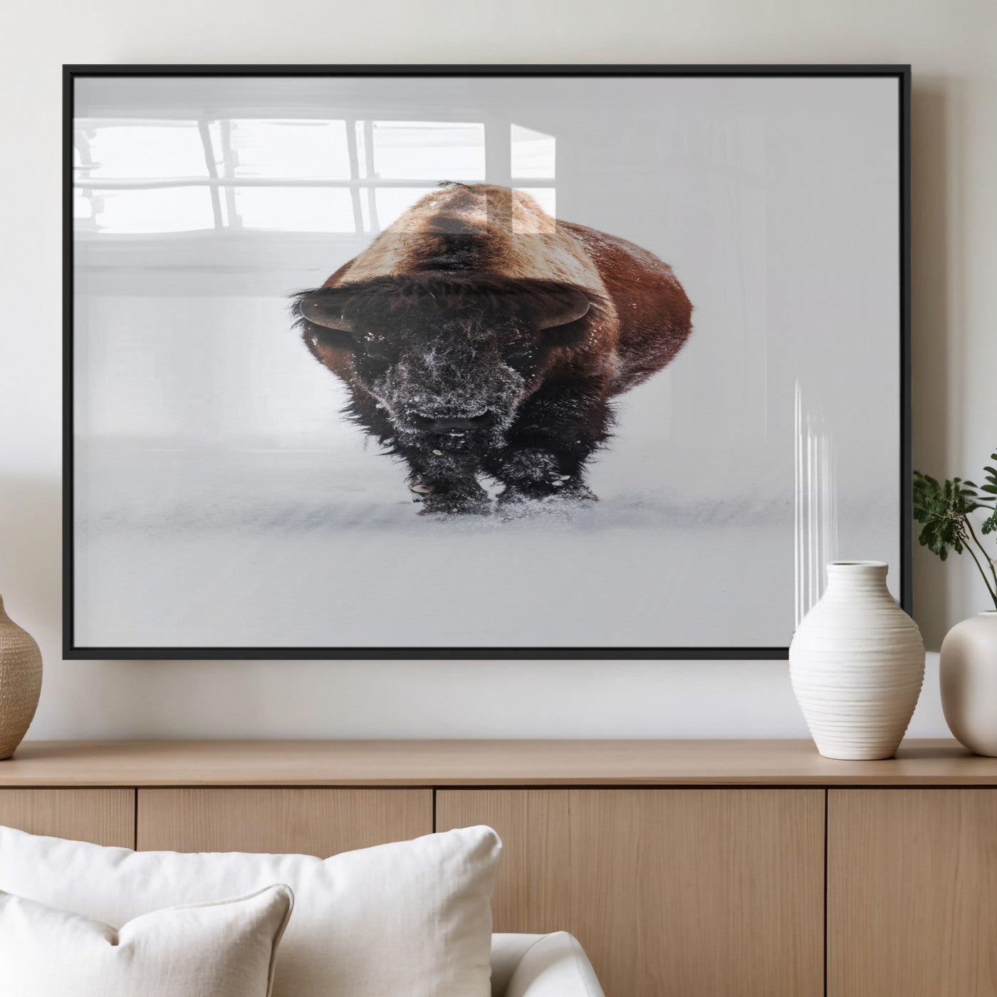 Front view of a strong bison walking in deep snow, isolated white background, perfect for rustic or lodge-style home decor.