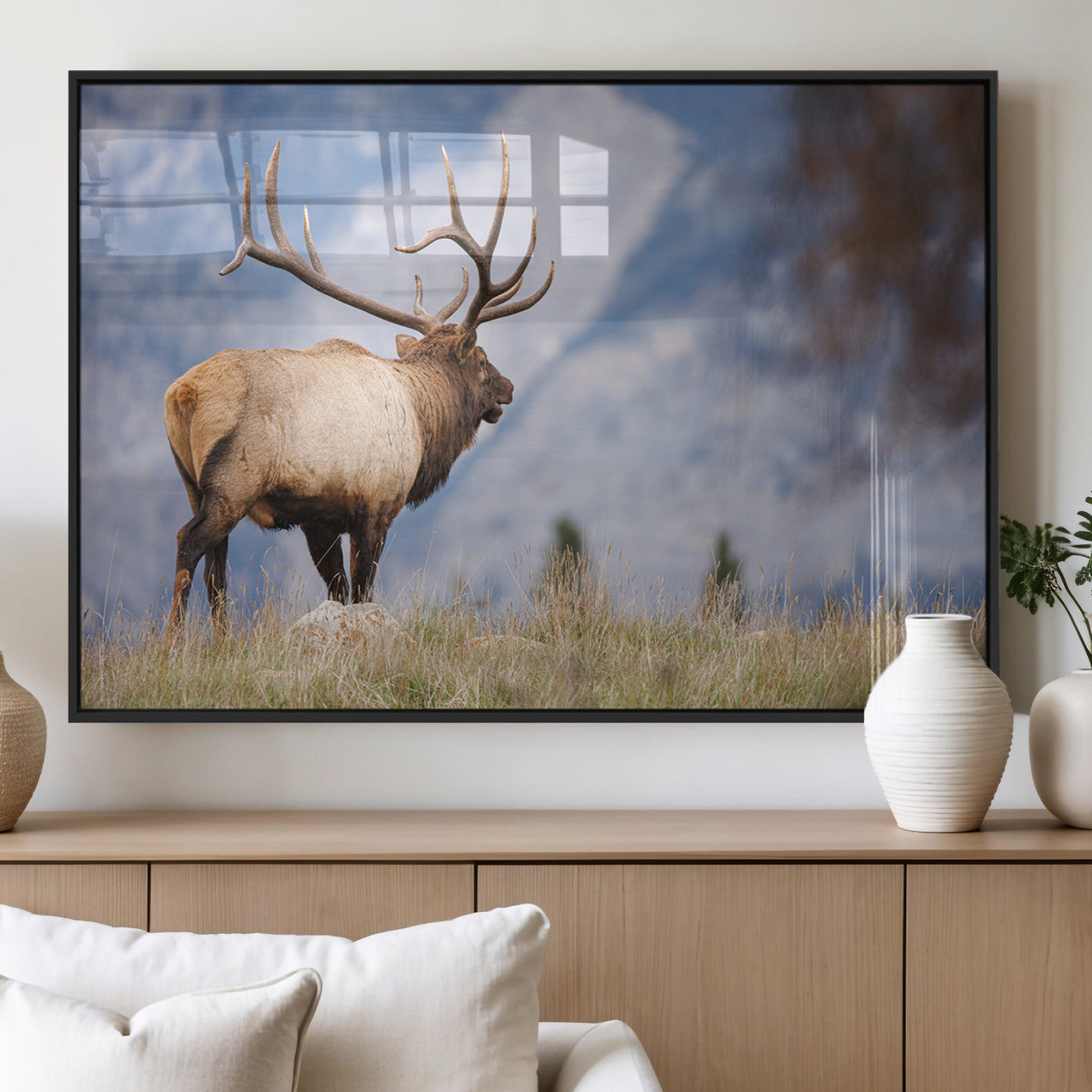 Elk with antlers standing on grass with mountain background, ideal for rustic, cabin, or lodge-inspired wall decor.
