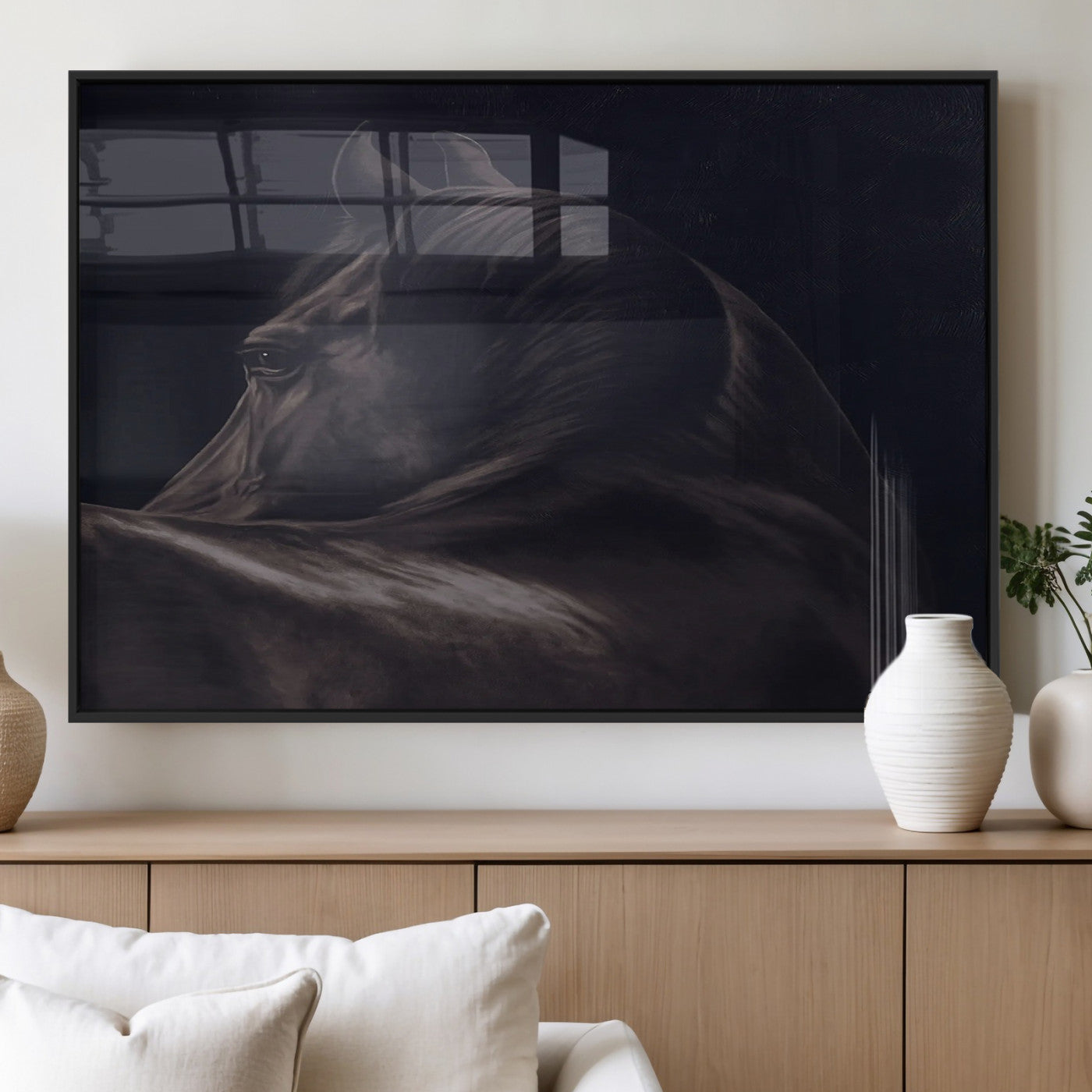 Moody black horse portrait with dramatic lighting on dark background, ideal for rustic, modern or Western style home decor.