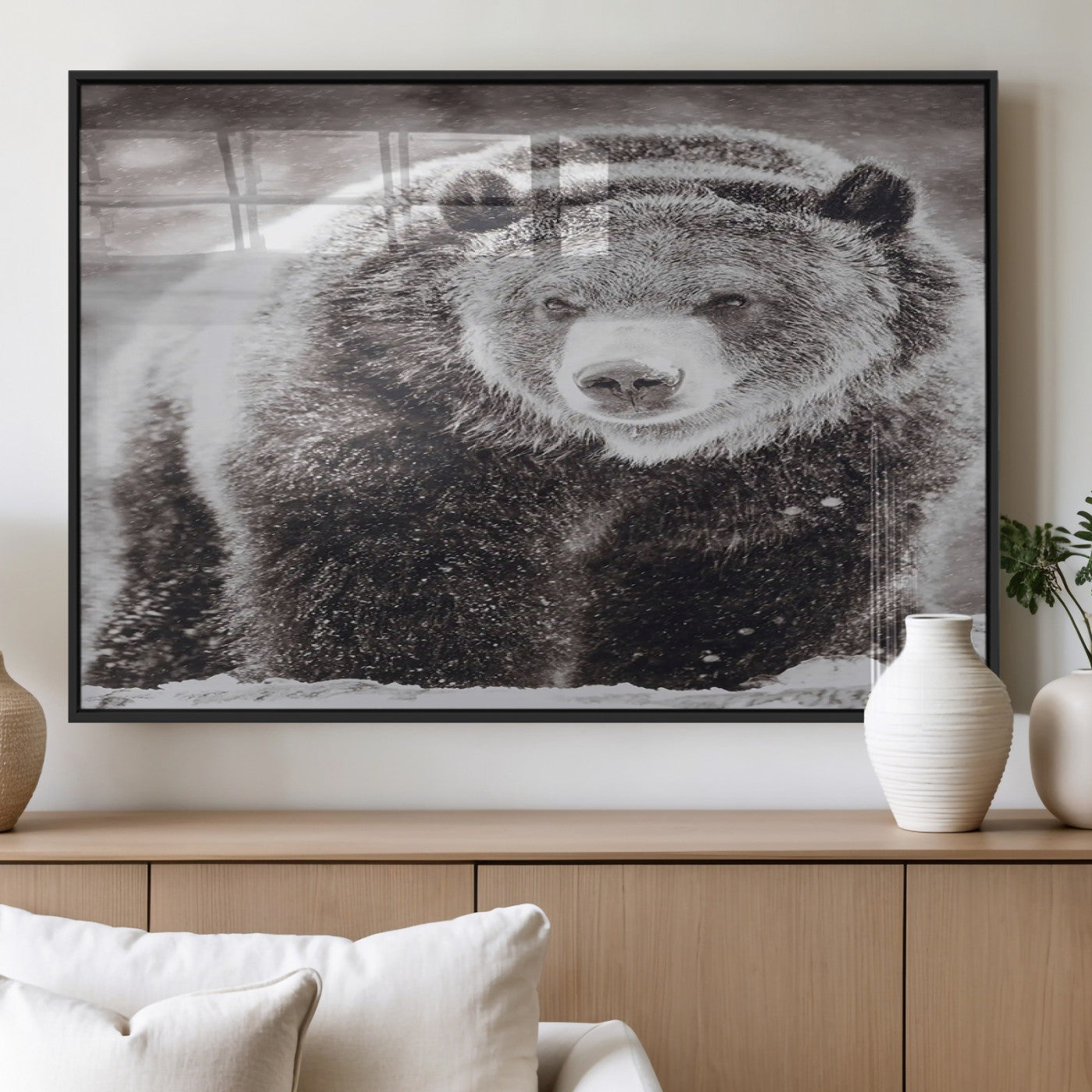 Snow-covered grizzly bear in black and white, ideal for rustic lodge, cabin or wildlife-themed home wall decor.
