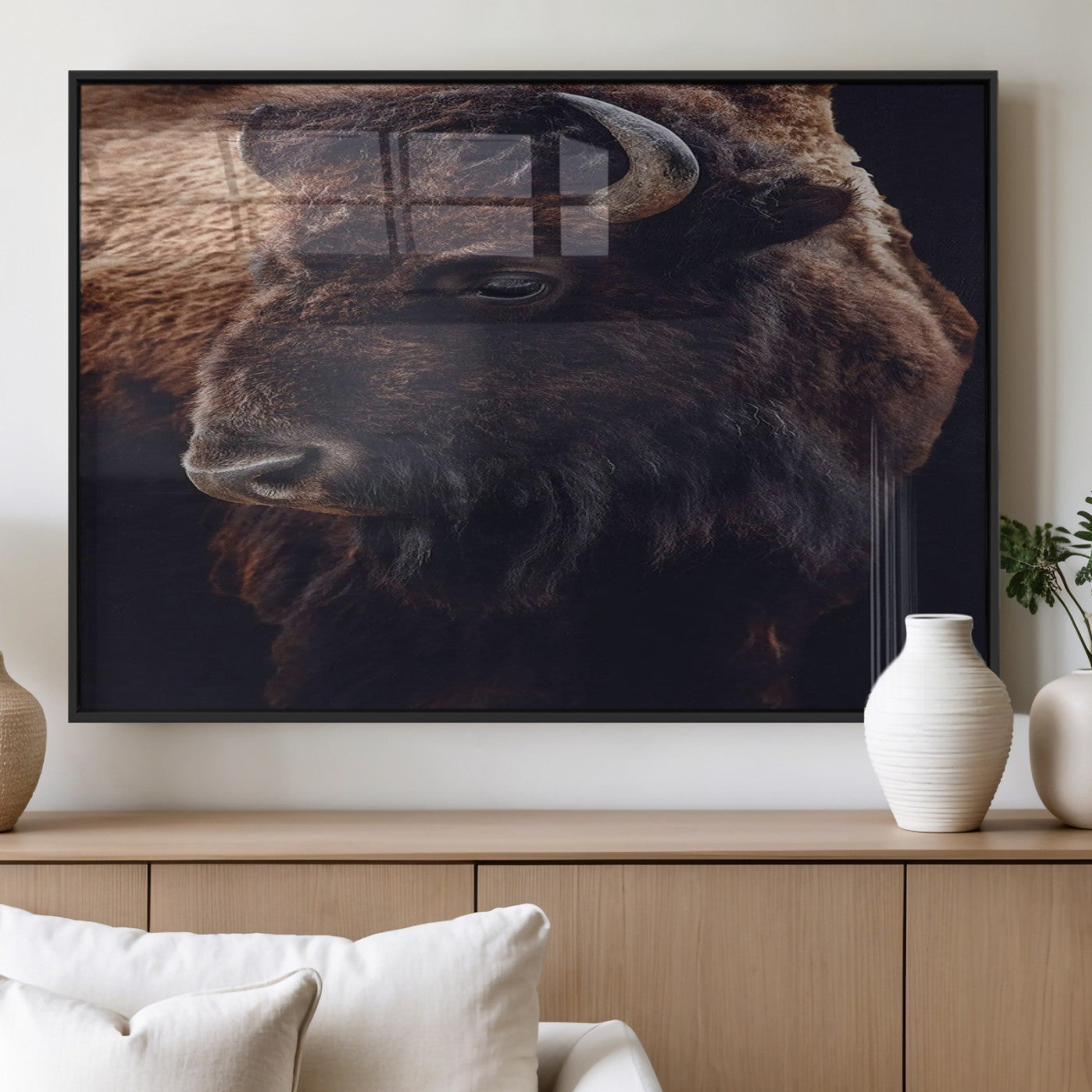 Close-up portrait of a bison with dark fur on a black background, perfect for rustic, lodge, or Western-style interior wall decor.