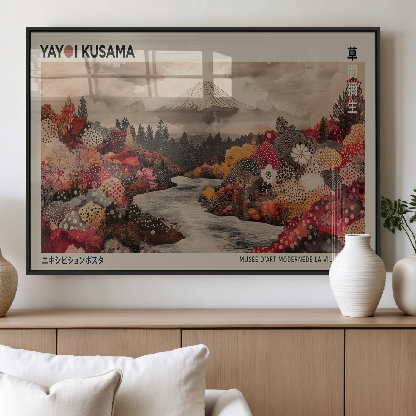 MGV-FP-60X30-3P - Modern Japanese Wall Art Print Yayoi Kusama Canvas Wall Art Abstract Mount Fuji Canvas Print