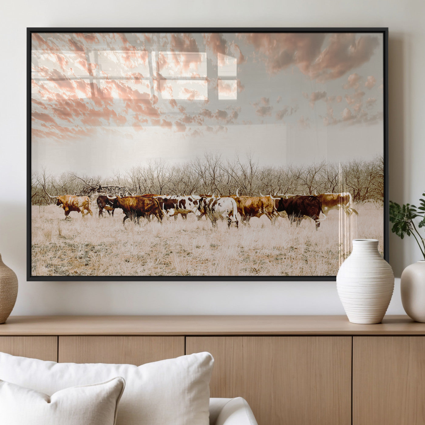 Cattle herd in a soft-toned field under a pastel pink sky, creating a peaceful rustic feel, perfect for farmhouse or western-themed spaces.