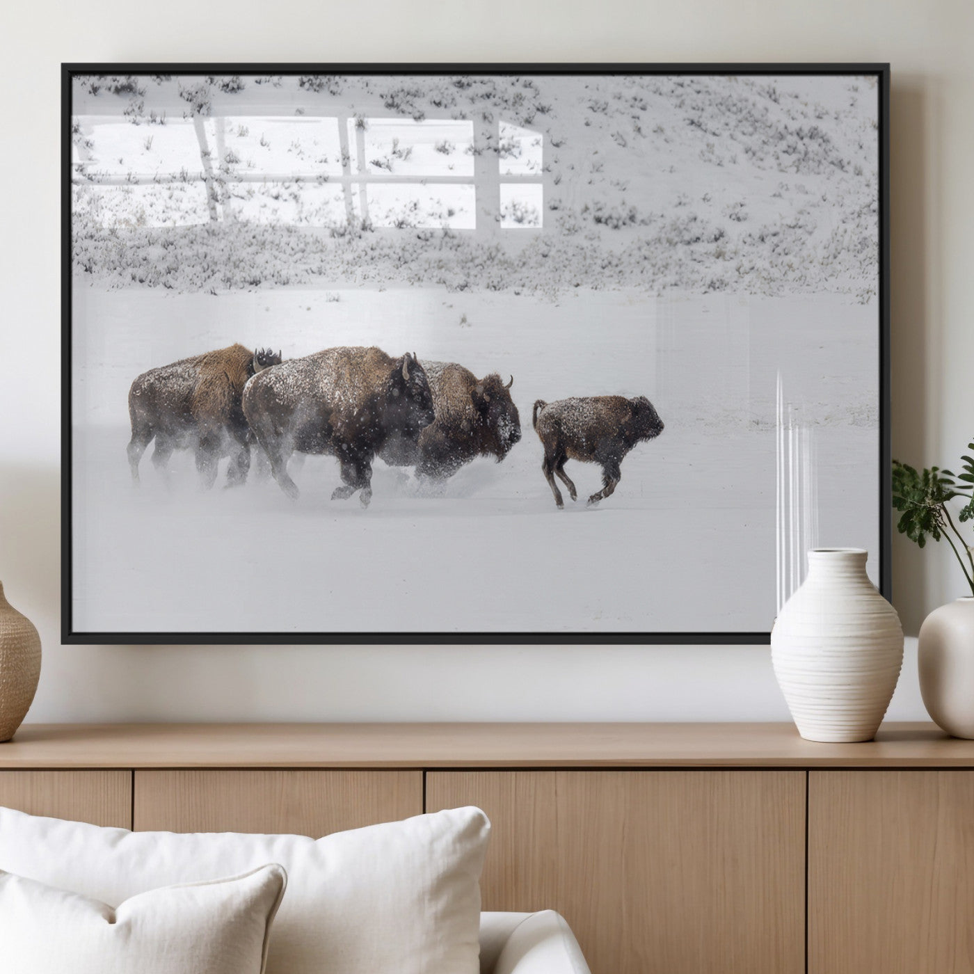 Bison herd running through a snowy open field with mountain backdrop, perfect for rustic or western-themed wall decoration.