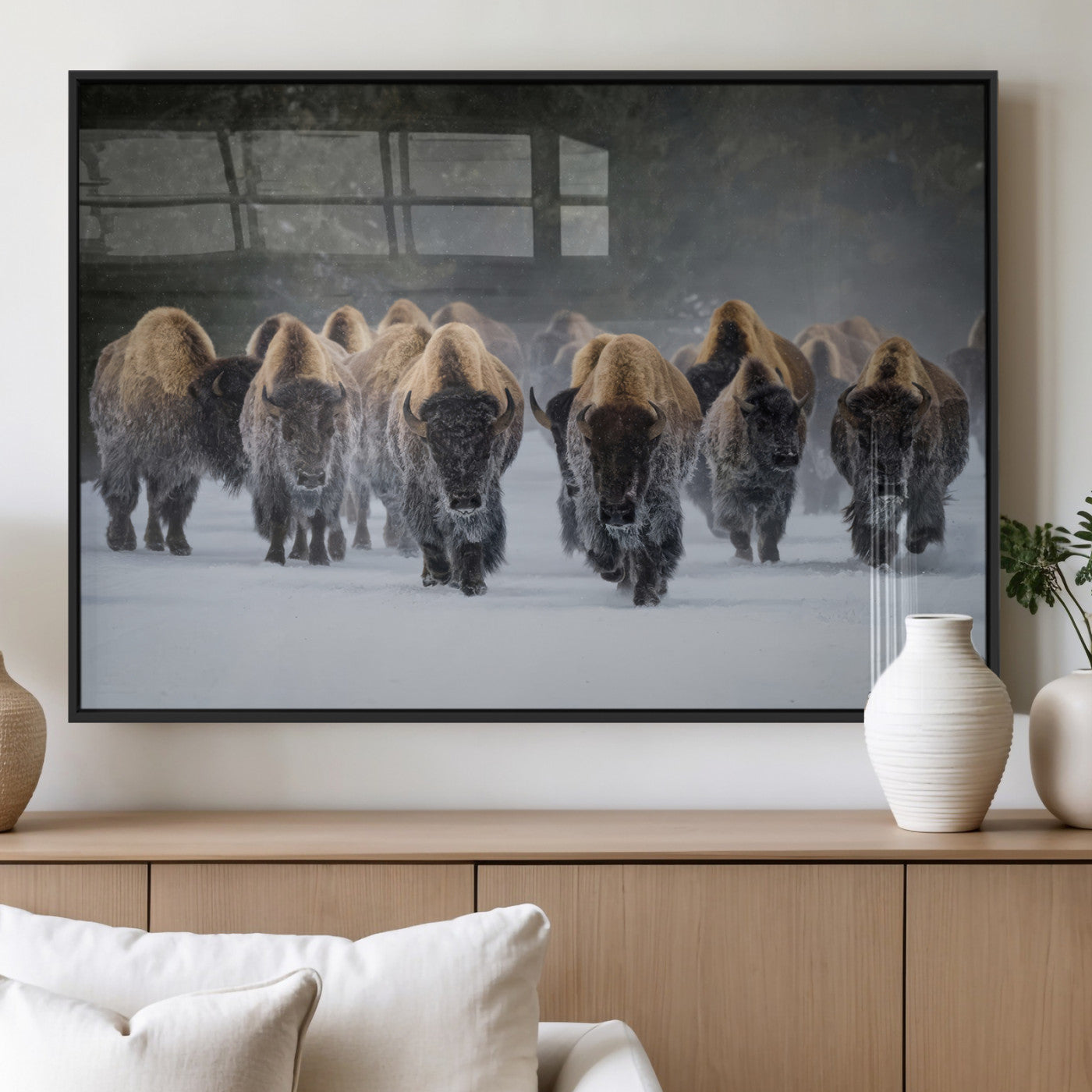 A herd of American bisons walking through deep snow in a forest, evoking a powerful rustic wilderness mood for western-style interiors.