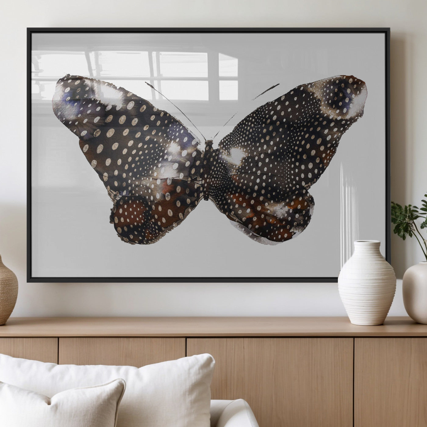 MGV-FP-36X24-3P - Spotted Butterfly Wall Art Canvas Print, Framed Neutral Insect Theme Art Picture Print, Earthy Wing Pattern Perfect Modern Rustic Decor Artwork