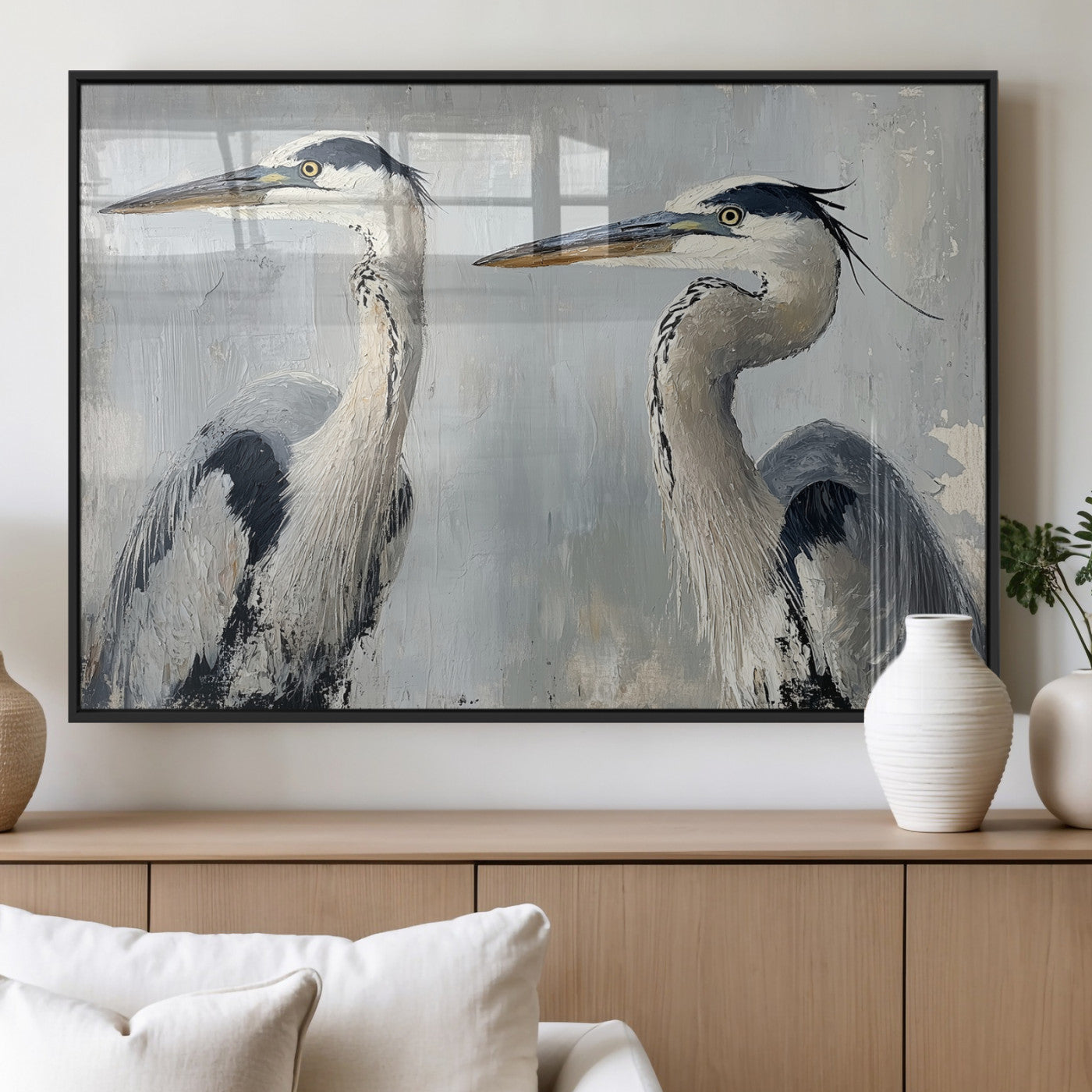 Two elegant herons in profile with soft brush strokes and blue-grey tones, ideal for serene, coastal, or minimalist interior decor.