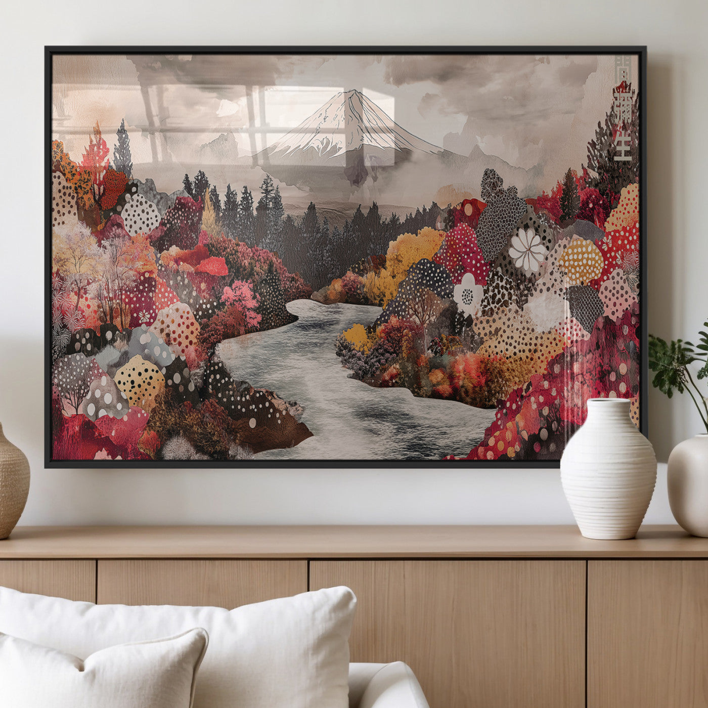 A whimsical mountain landscape with floral autumn trees, river, and misty peak, ideal for cozy, cottagecore, and nature-inspired wall decor.