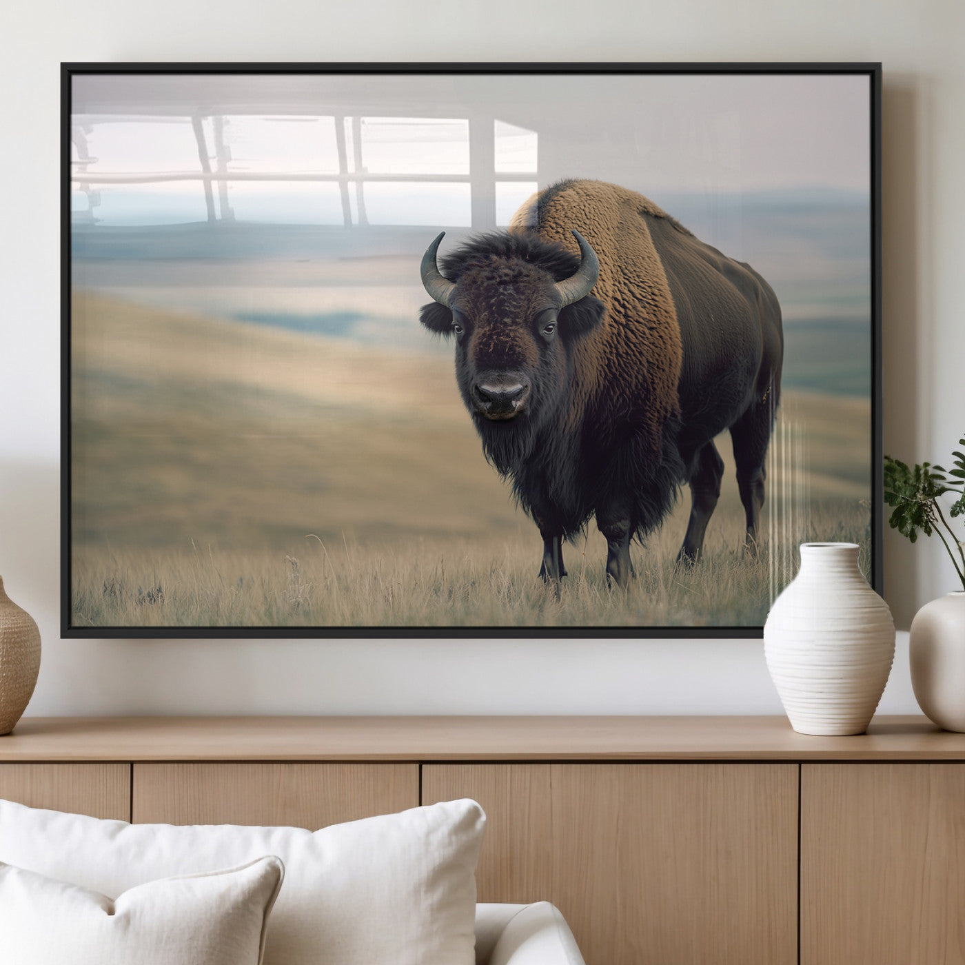 A bison standing strong on a grassy prairie with rolling hills in the background, perfect for rustic and Western-inspired wall decor.