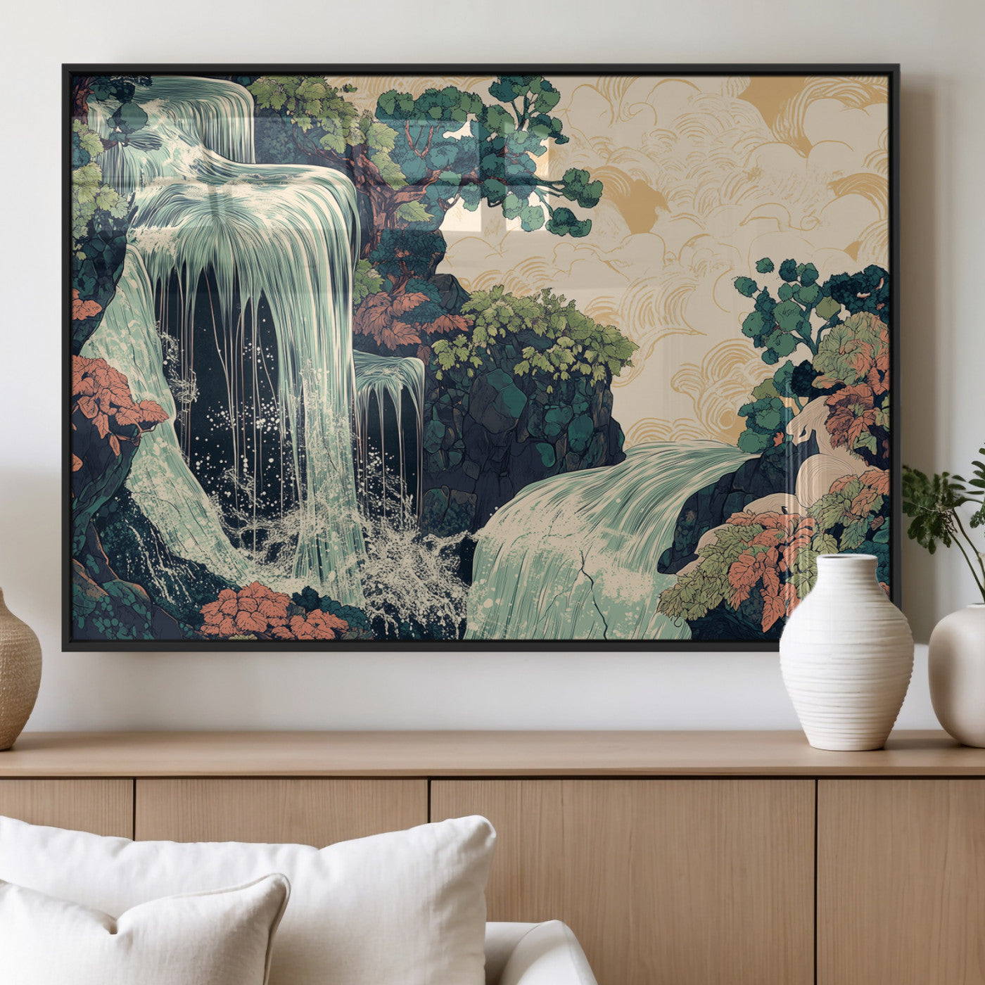 Stylized waterfall flowing through rocky terrain and lush foliage in an oriental art style, ideal for peaceful and nature-themed interiors.