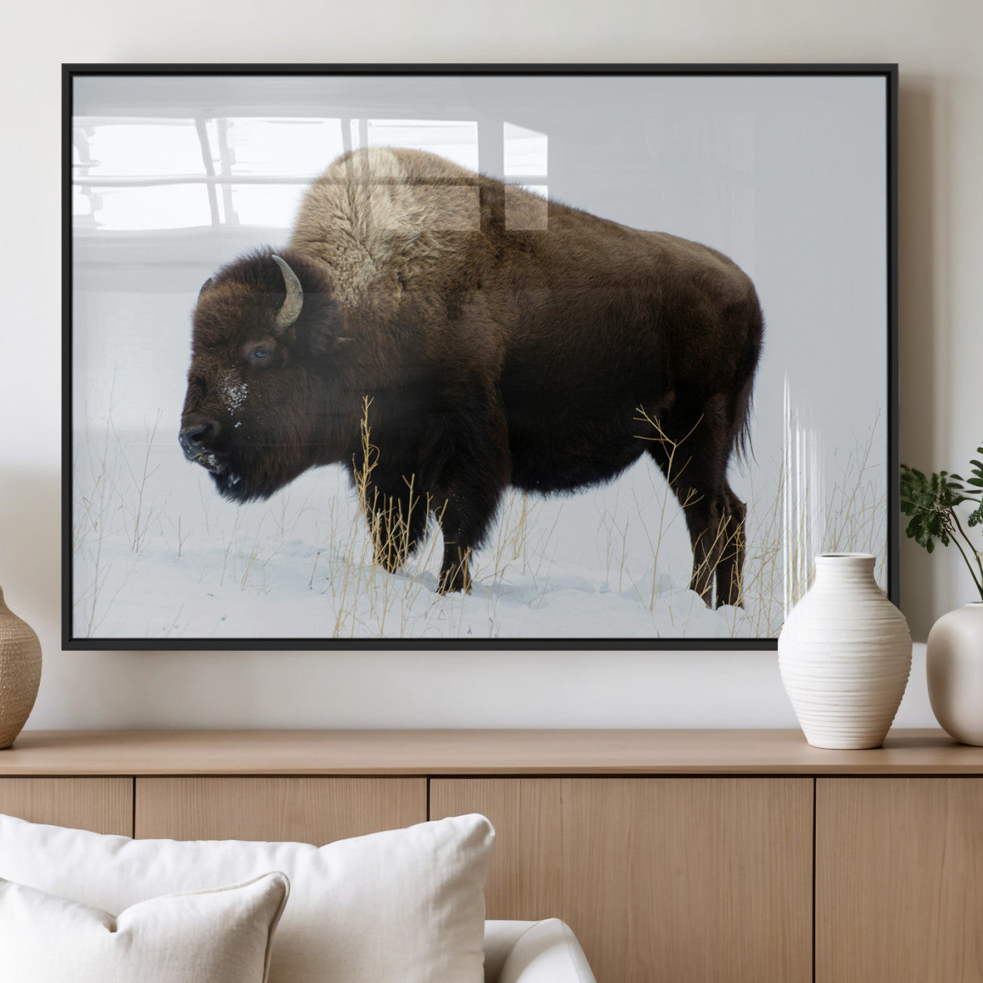 MGV-FP-60X30-3P - Bison Photography Wall Art Canvas Print, Framed Western Wildlife Art Picture Print, Buffalo On Snow Perfect Western Decor Artwork