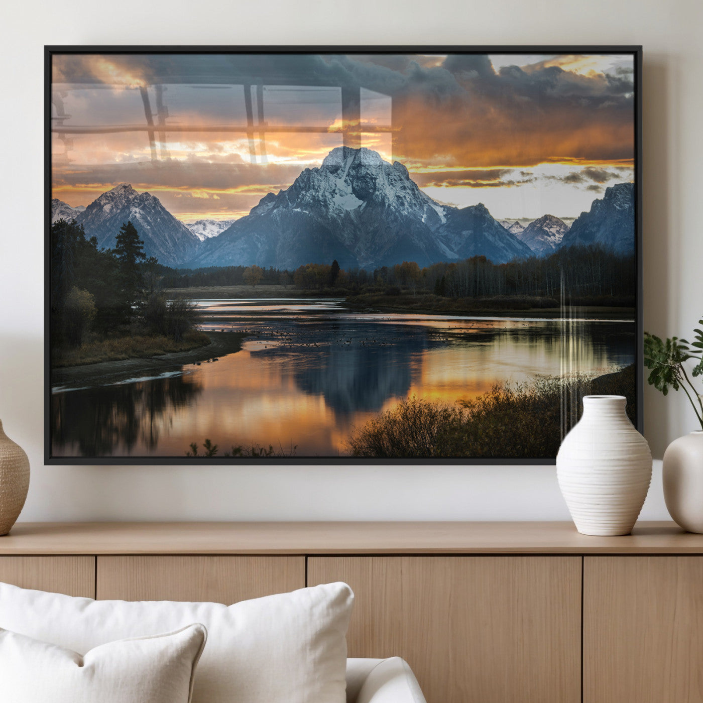 MGV-FP-60X30-3P - Mountain Sunset Wall Art Canvas Print, Framed Alpine Wilderness Art Picture Print, Golden Hour Perfect Wilderness Decor Artwork