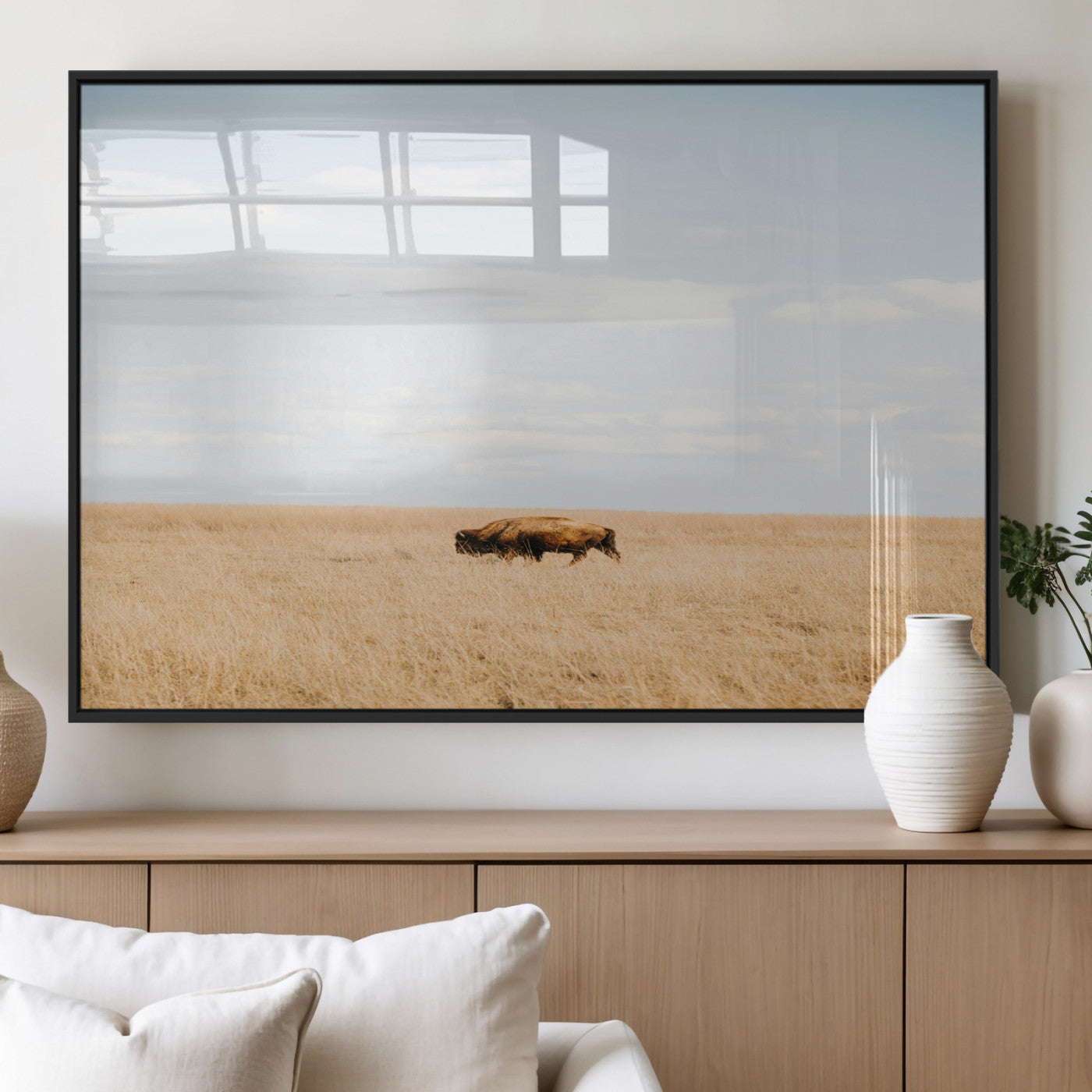 MGV-FP-36X24-3P - Minimalist Nature Wall Art Canvas Print, Framed Bison In Grassland Art Picture Print, Open Field Perfect Modern Ranch Decor Decor Artwork