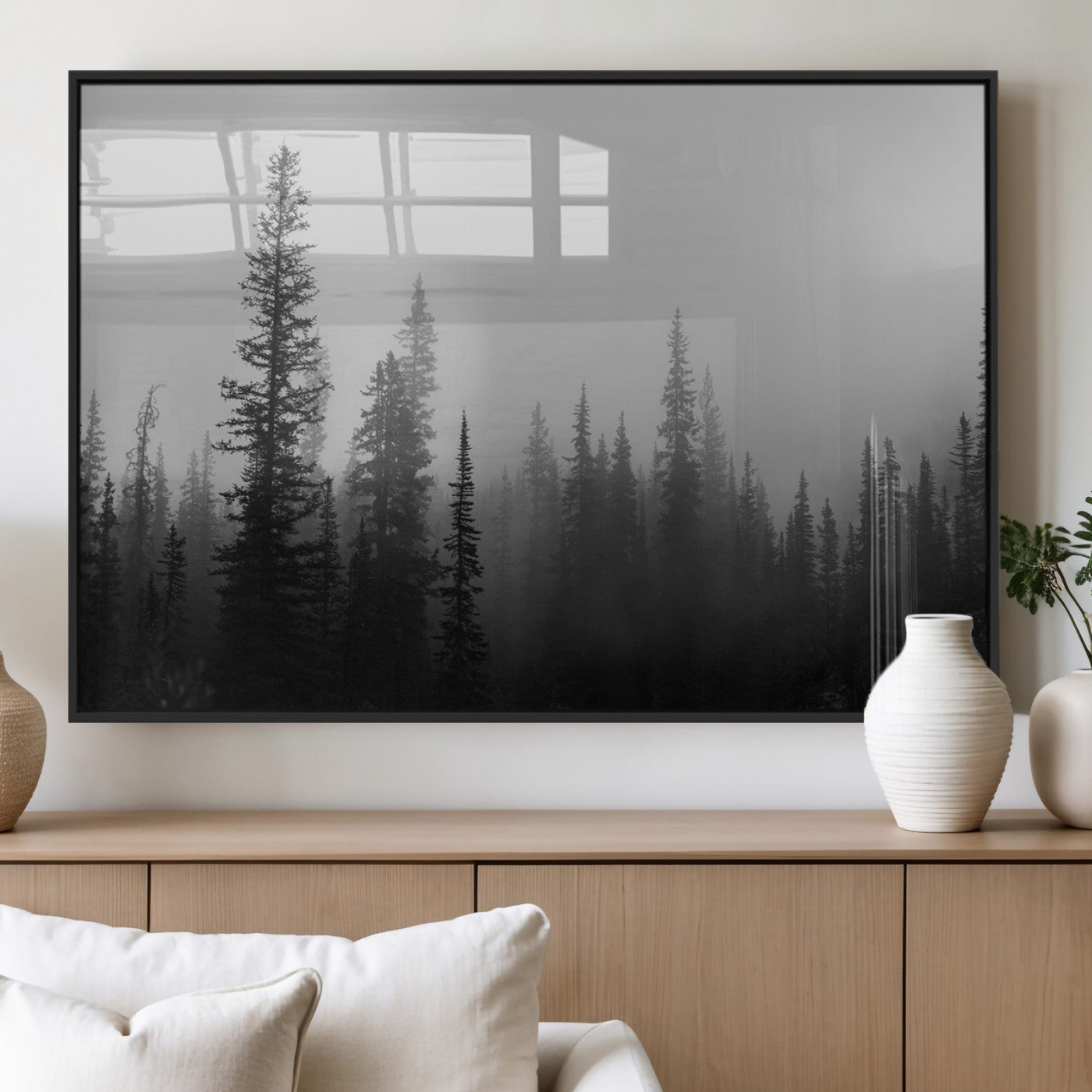 MGV-FP-60X30-3P - Misty Pines Wall Art Canvas Print, Framed Woodland Photography Art Picture Print, Minimalist Decor Perfect Rustic Decor Artwork