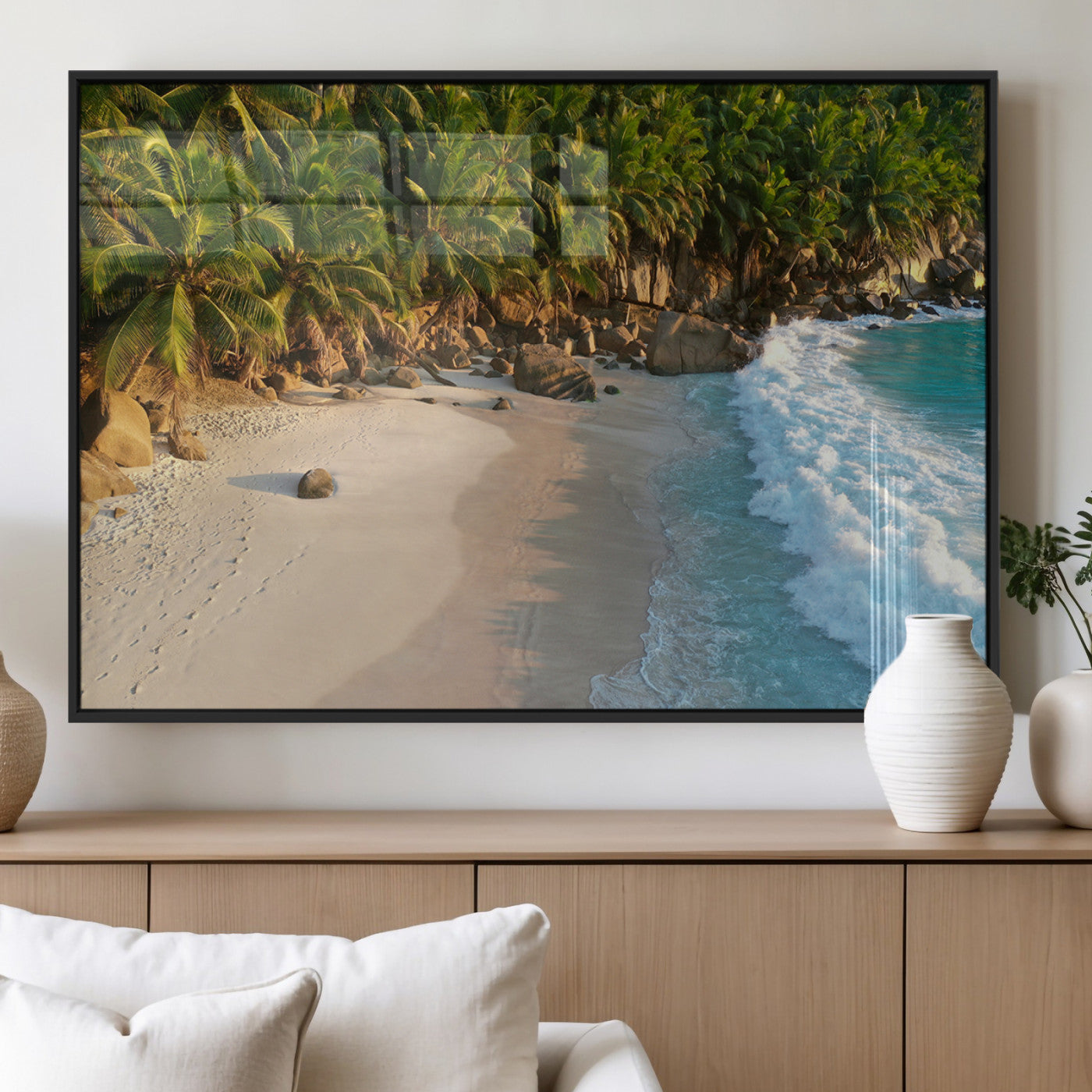 Tropical beach with golden sand, turquoise ocean waves, and lush palm trees, creating a serene coastal paradise for beach-themed decor.